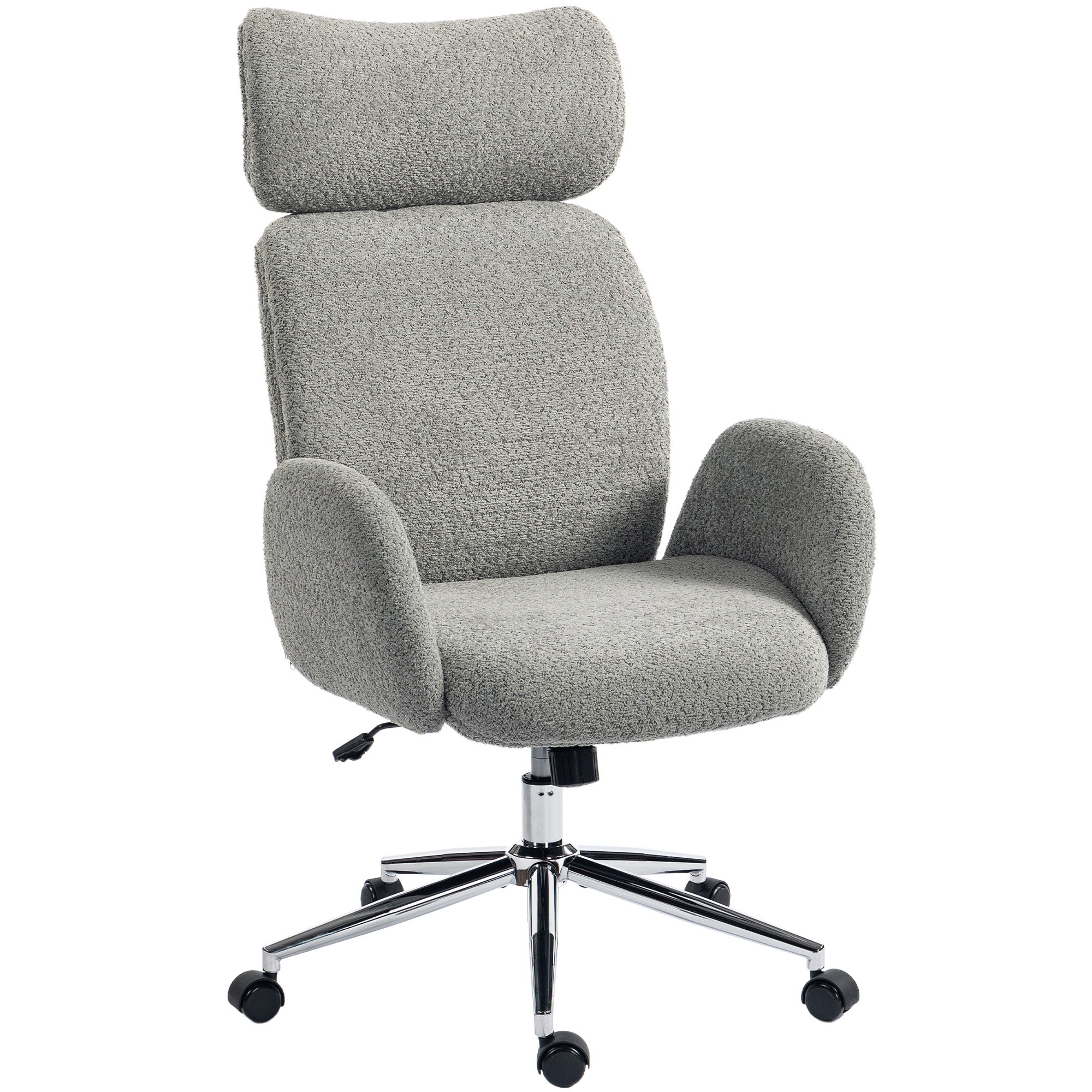 Fauteuil de bureau bouclé HOMCOM avec accoudoirs — appui-tête réglable, siège pivotant réglable en hauteur avec bascule, gris foncé