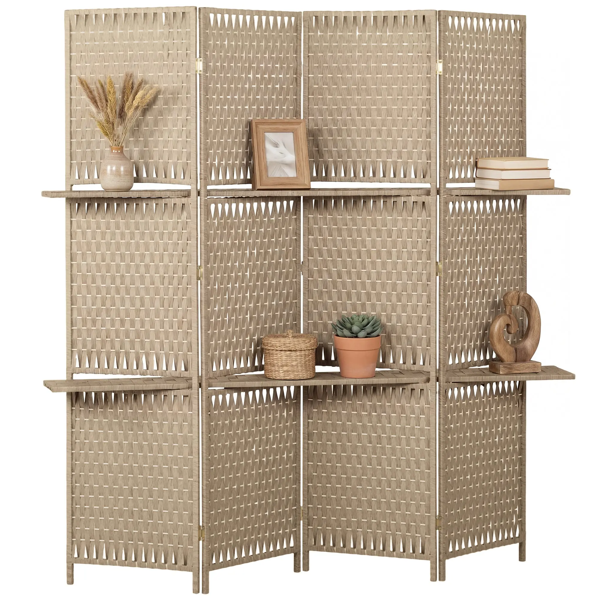 4-Panel Folding Room Divider 71 x 71 in, 2 Foldable Shelves, Pine & Bamboo with Woven Paper Fibers — Natural Straw