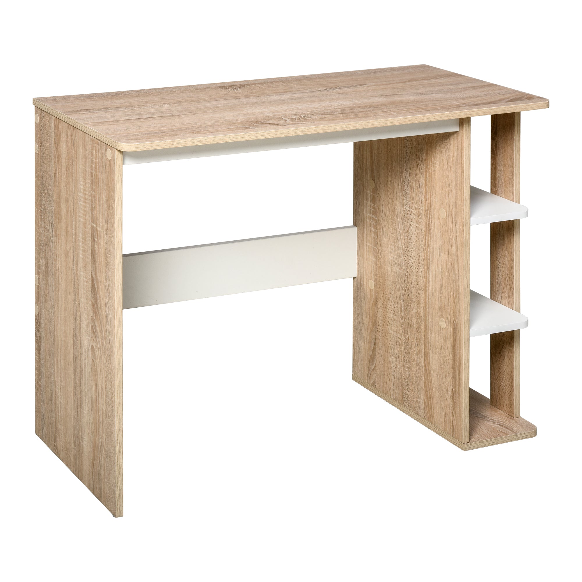 HOMCOM Pisalna Miza dim. 100L x 44W x 74H cm 3 Stranske Police Leseni Svetli Oreh Bel