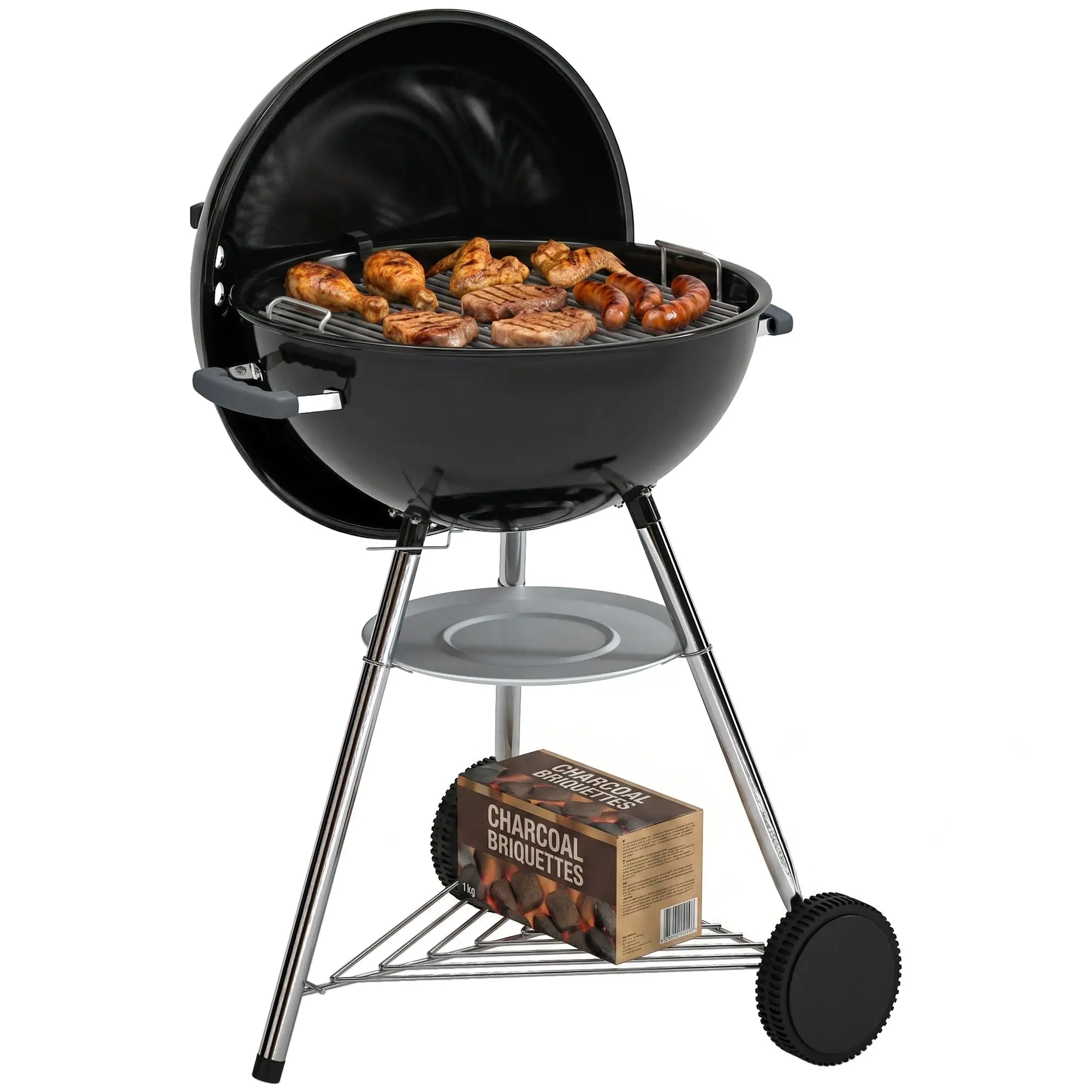21" Round Portable Charcoal Grill with Lid, Thermometer, Dual Charcoal Boxes, Lower Shelf, Ash Collector, Handles & Wheels — Black