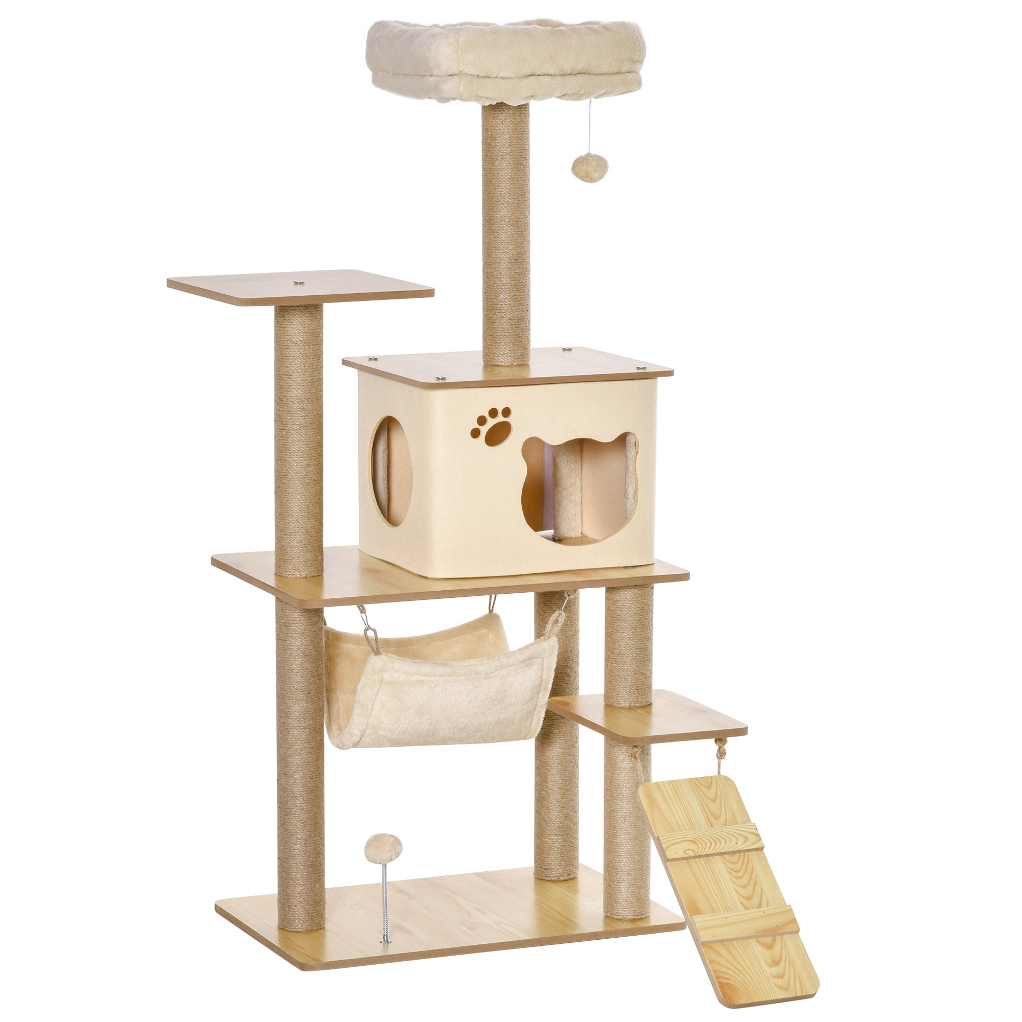 Cat Tree Scratching Post 130cm, Wooden Cat Tower with Cat Cave, Jute Posts, Hammock, Platforms, Ladder and Play Balls, Cream, 60 x 40 x 130 cm