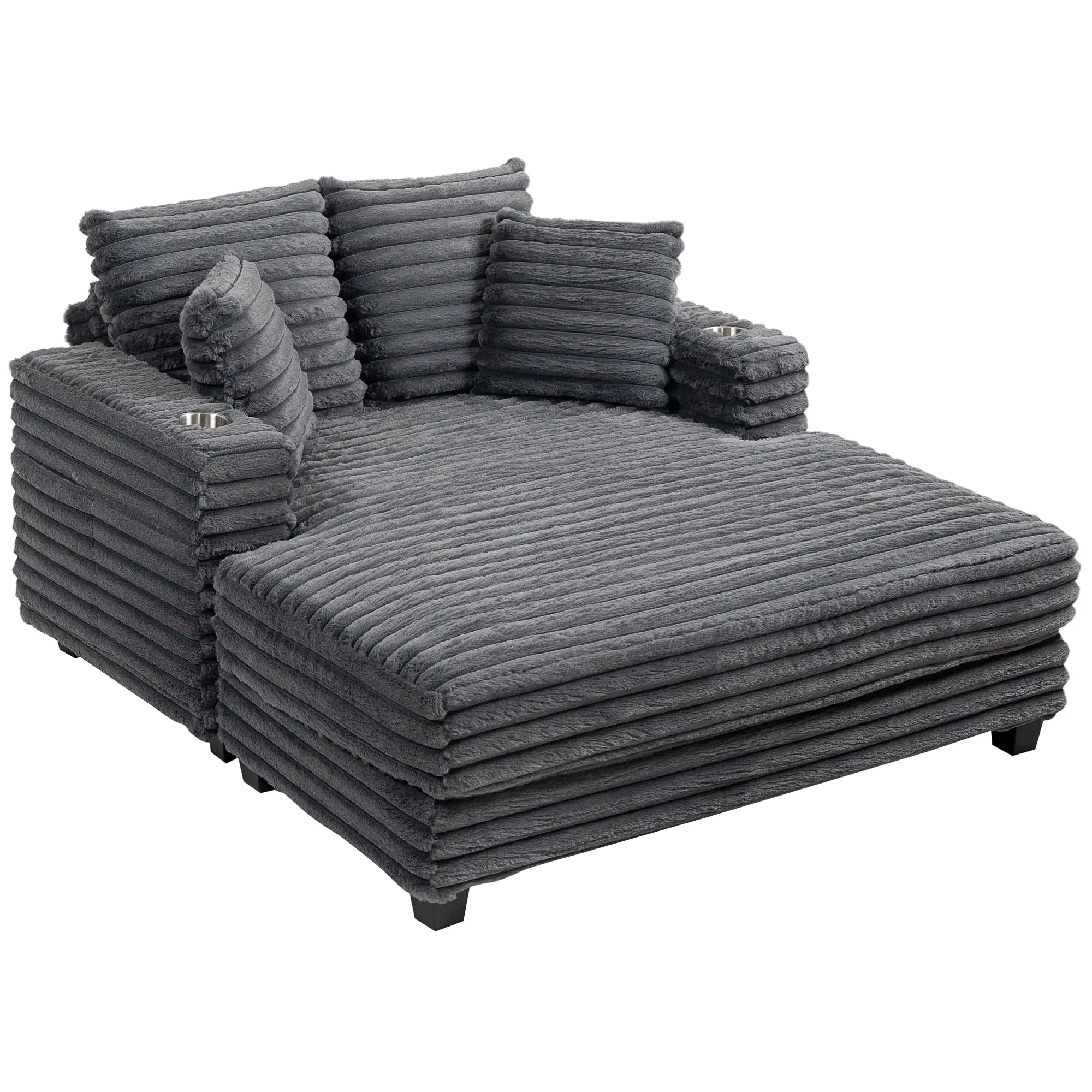 2-Seater Sofa Bed with Chaise, Gray Corduroy, Throw Pillows, Armrests & Cup Holders – 53" x 59"