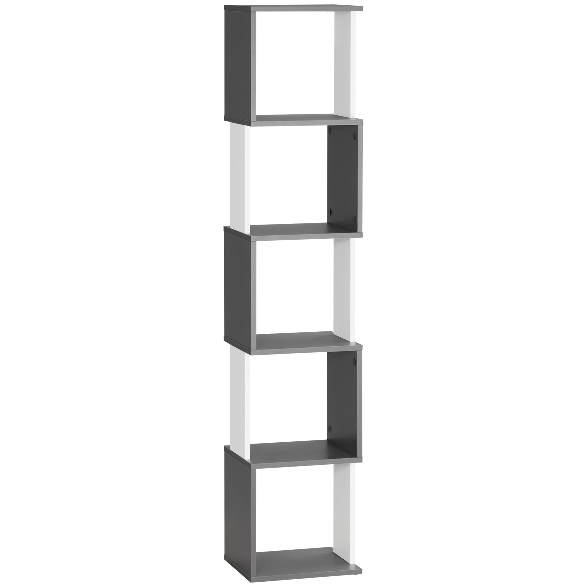 HOMCOM Modern 5-Hyllor Trä Bokhylla, Väggmonterad Platsbesparande Bokhylla för Hem och Kontor, 33x28x161cm, Mörkgrå och Gräddvit