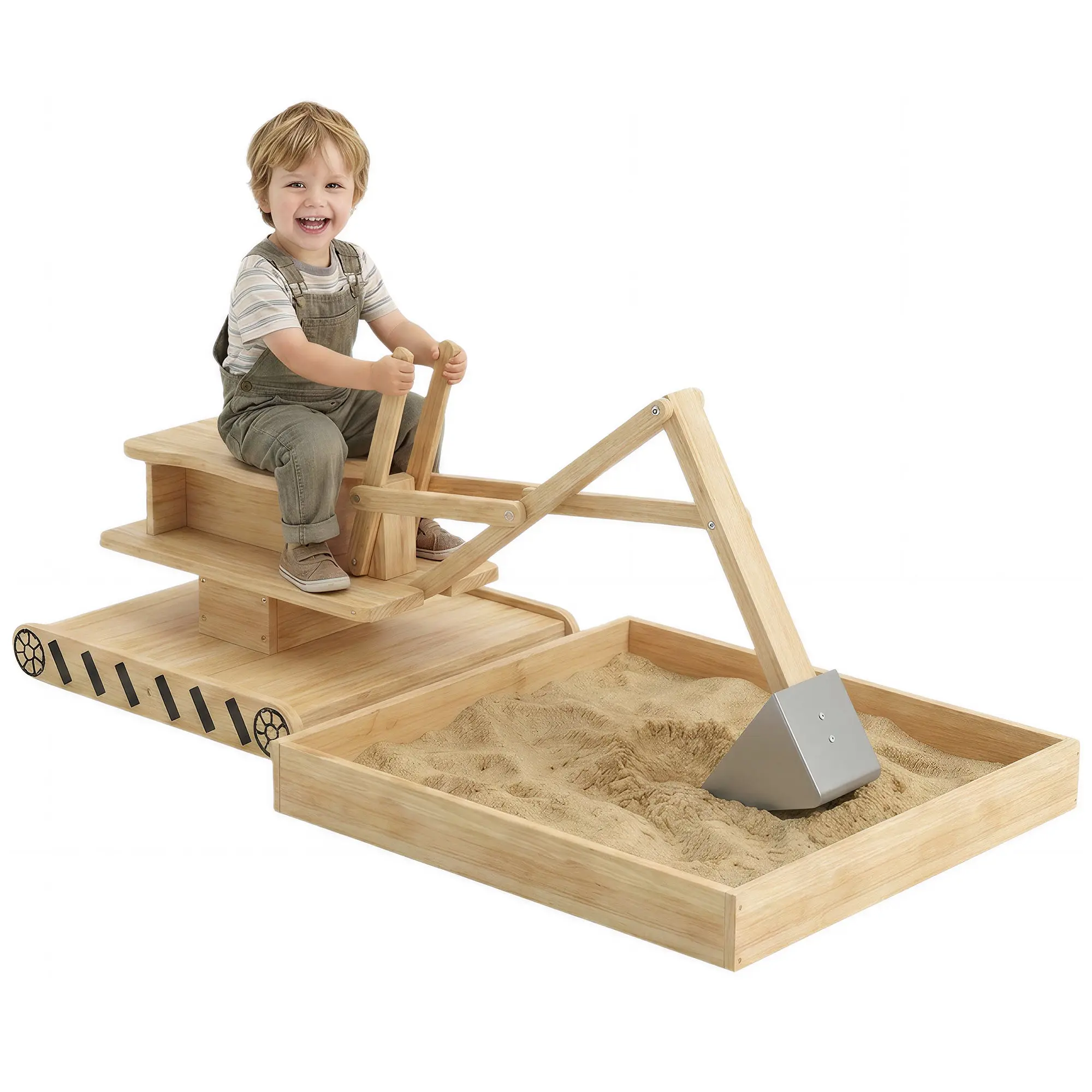 Wooden Kids Sandbox with Excavator, 360° Swivel Seat & Non-Woven Liner — 184×90×56 cm (72.4×35.4×22 in) — Ages 3–6 — Natural