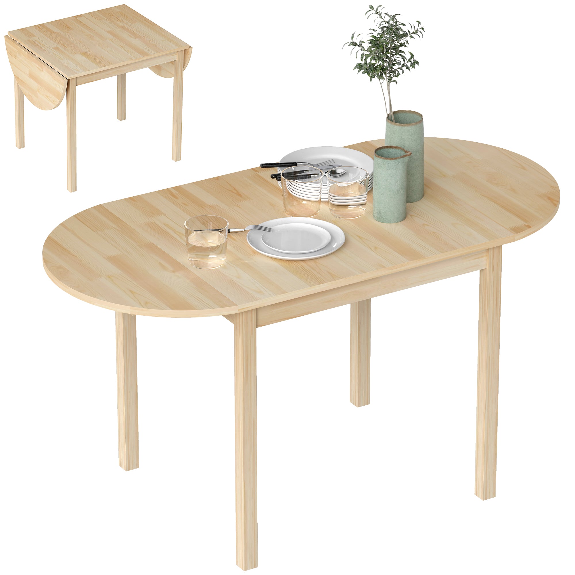 Wooden Folding Dining Table for 6 People with Drop-Leaf Design Oval Foldable Kitchen Table Dining Table for Small Spaces, Dining Room, Kitchen 140 x 70 x 75 cm Natural Wood