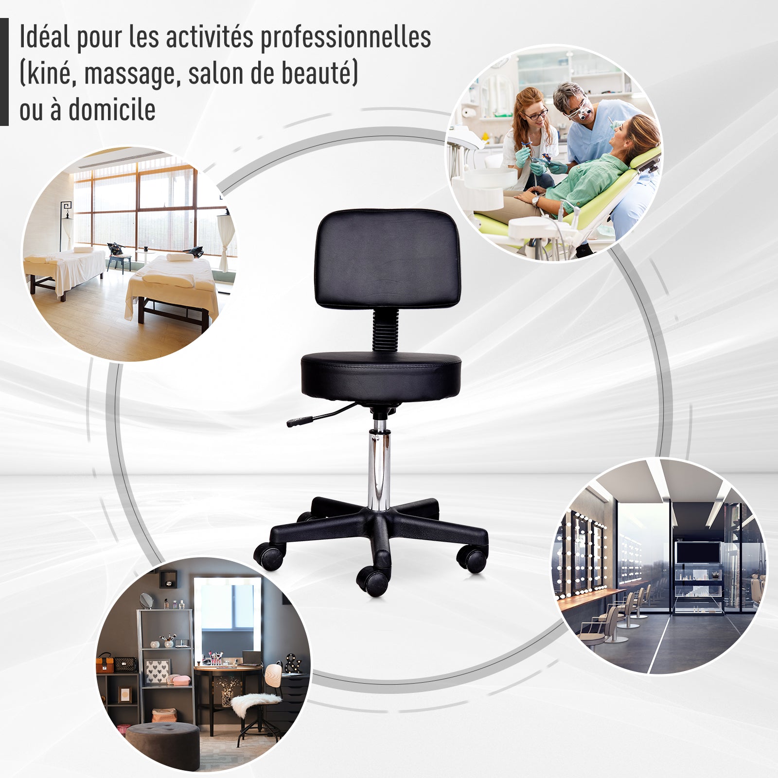 HOMCOM Fekete Magasságban Állítható Forgós Masszázs Szék Ergonomikus Támlával és Kerekekkel