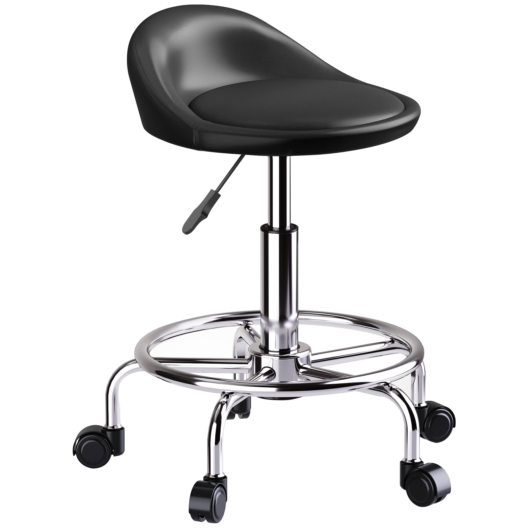 HOMCOM höhenverstellbarer Rollhocker mit Rückenlehne, Drehhocker, 59-75 cm, 360° drehbar, Bürostuhl für Büro, Salon, Massage, Spa - Schwarz