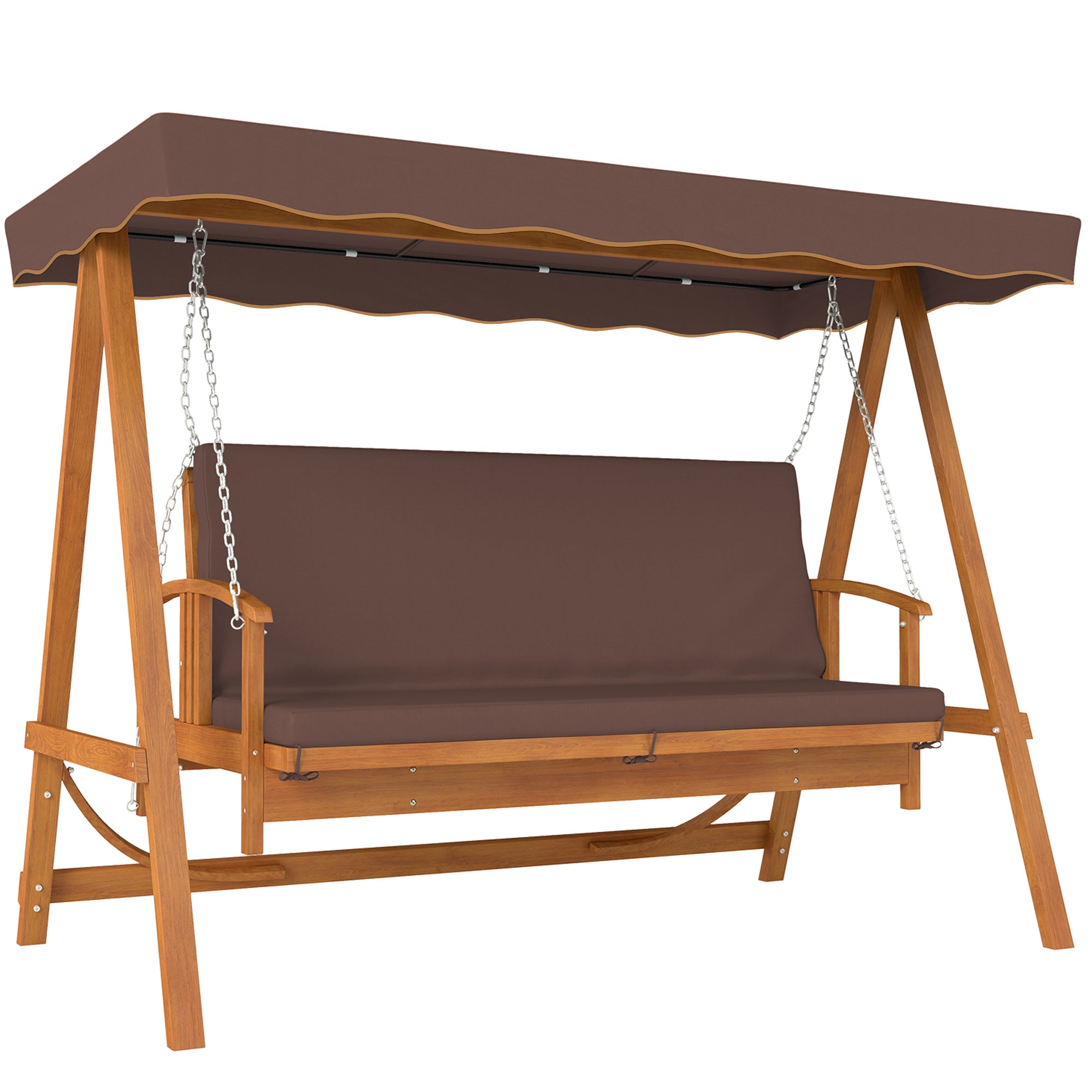 2 in 1 Hollywood Swing with Reclining Function, 3-Seater Wooden Garden Swing, Wood Swing with Sun Canopy Seat Cushion, Swing Bench up to 330kg, for Garden, Terrace, 236x130x181 cm, Brown