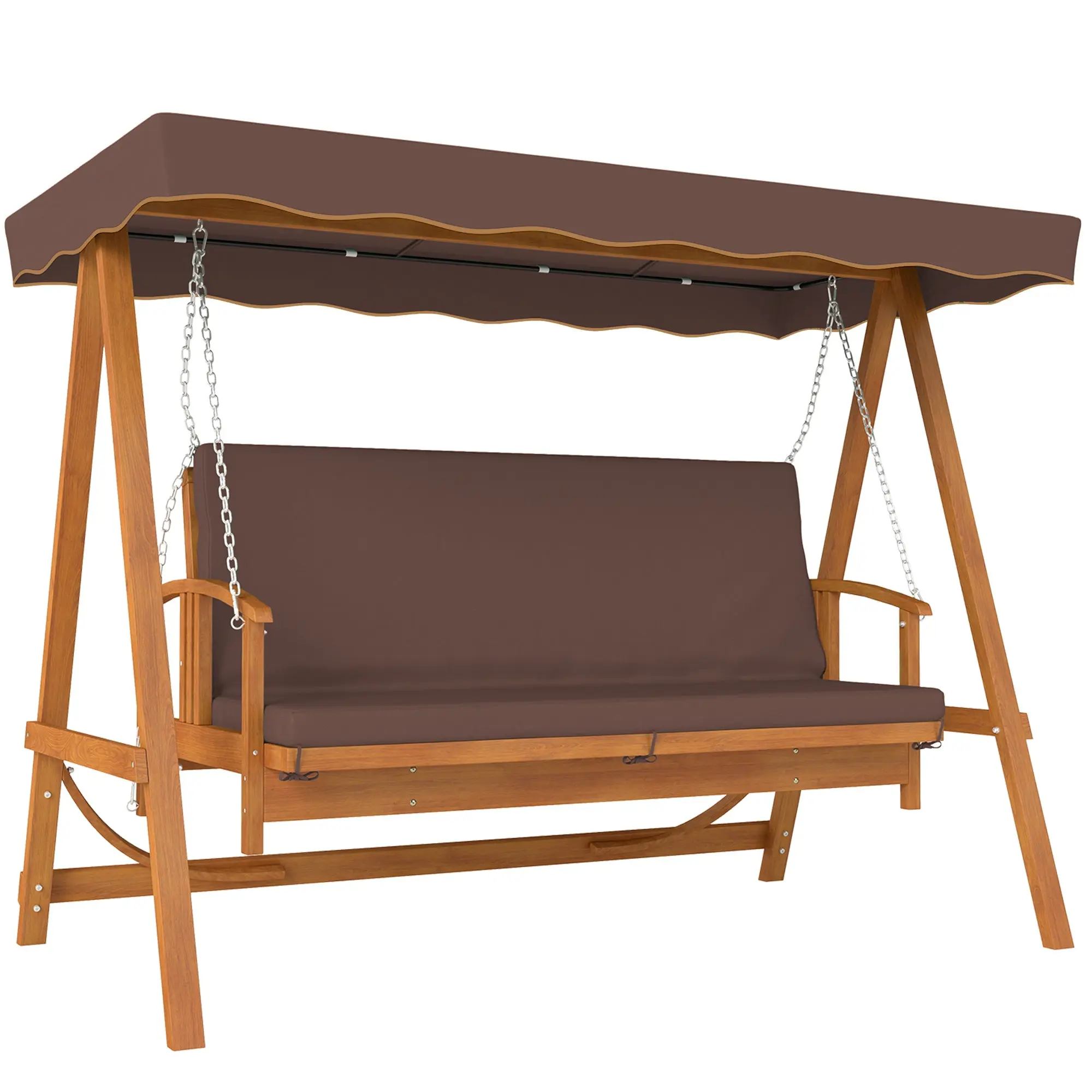 2 in 1 Hollywood Swing with Reclining Function, 3-Seater Wooden Garden Swing, Wood Swing with Sun Canopy Seat Cushion, Swing Bench up to 330kg, for Garden, Terrace, 236x130x181 cm, Brown