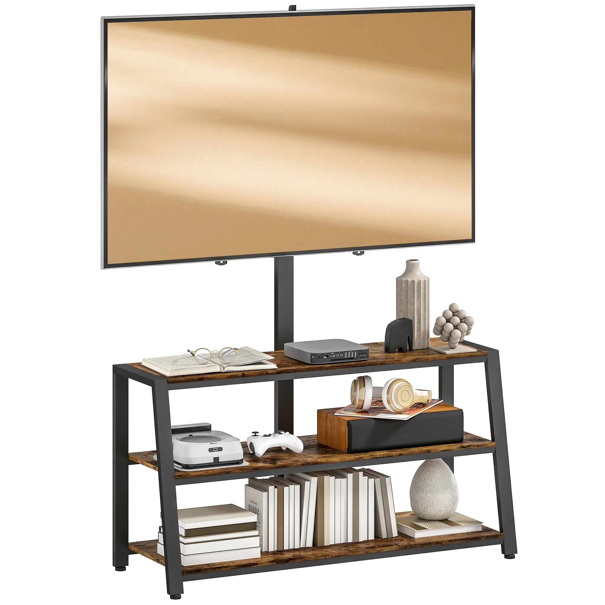 TV Stand with 35° Swivel Mount, Fits 32–70" TVs, Open Shelves, Industrial TV Bench for Living Room or Bedroom, 42.5" x 16.1" x 53.1", Brown