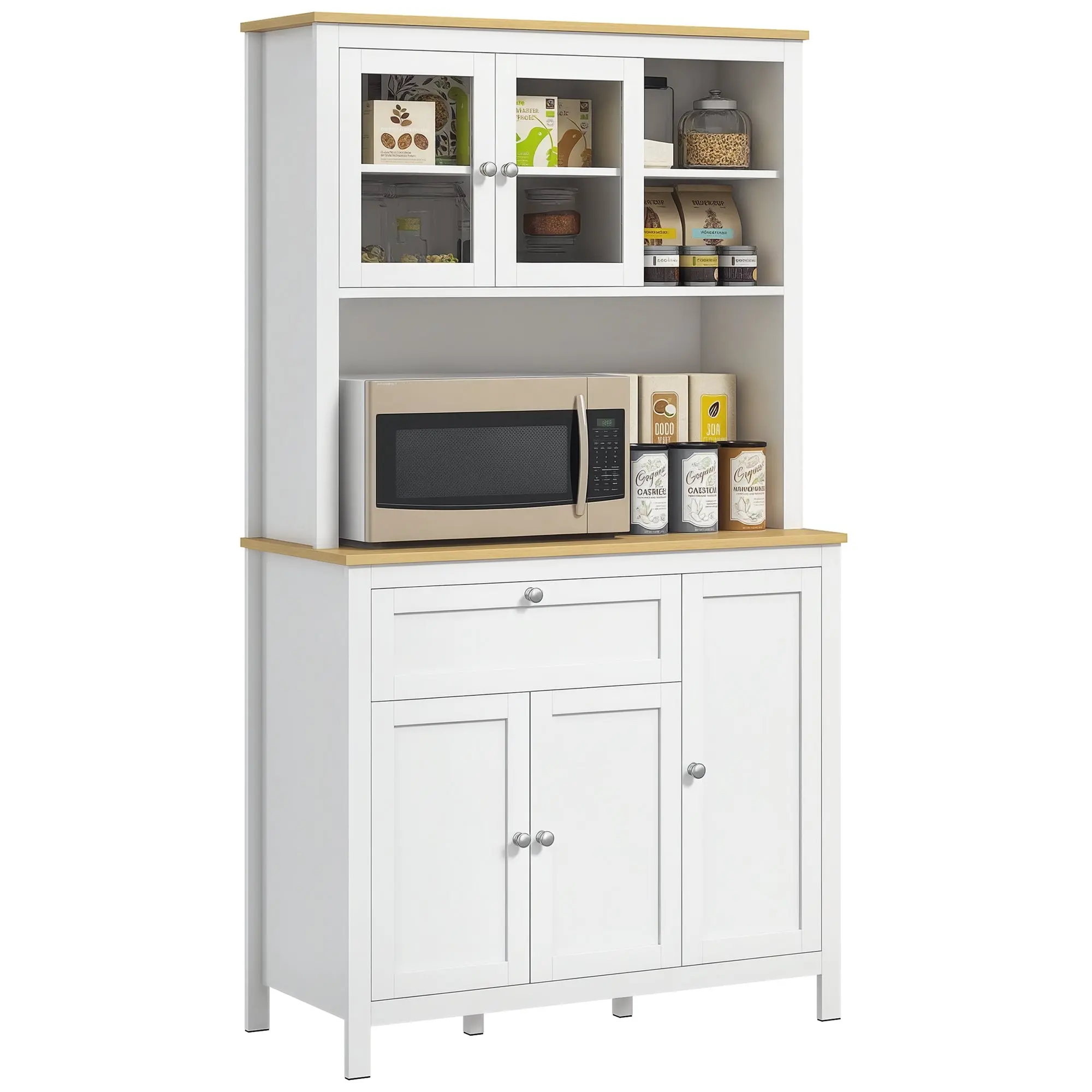 Kitchen Pantry Cabinet, White Freestanding Kitchen Storage Cupboard with Microwave Shelf, 5 Doors, Glass Display Cabinet, Drawer, Adjustable Shelves & Cable Management, 100 x 40 x 180 cm