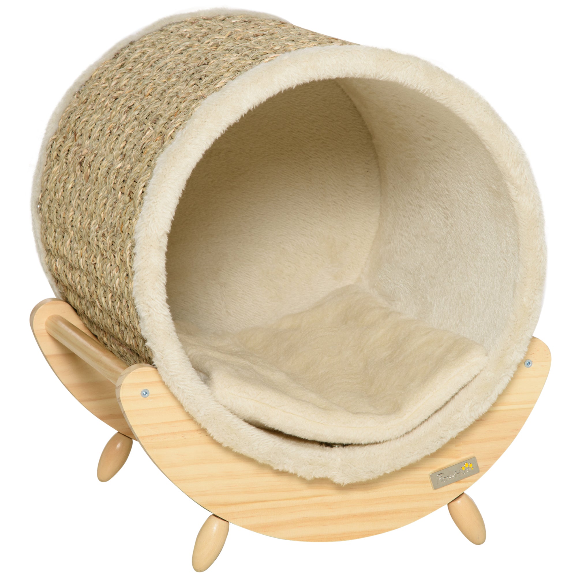 PawHut Cat Cave Bed with Scratching Pad Enclosed Indoor Cat House Elevated Wooden Cat Tunnel Bed with Cushion for Small Cats under 5kg Beige Natural