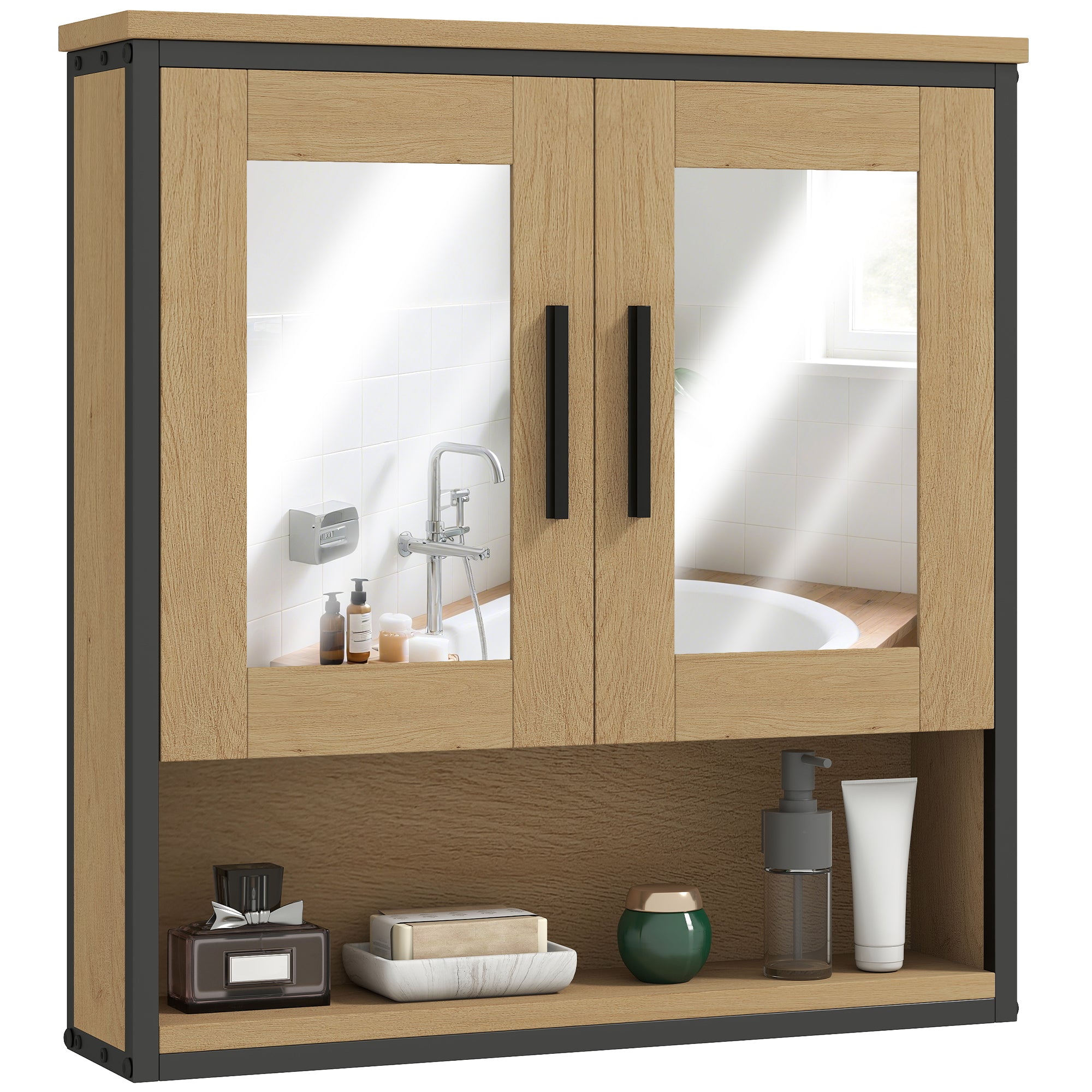 Wall Mounted Bathroom Cabinet with Mirror, Bathroom Storage Cabinet, Medicine Cabinet with Open Compartment and Adjustable Shelf, Oak