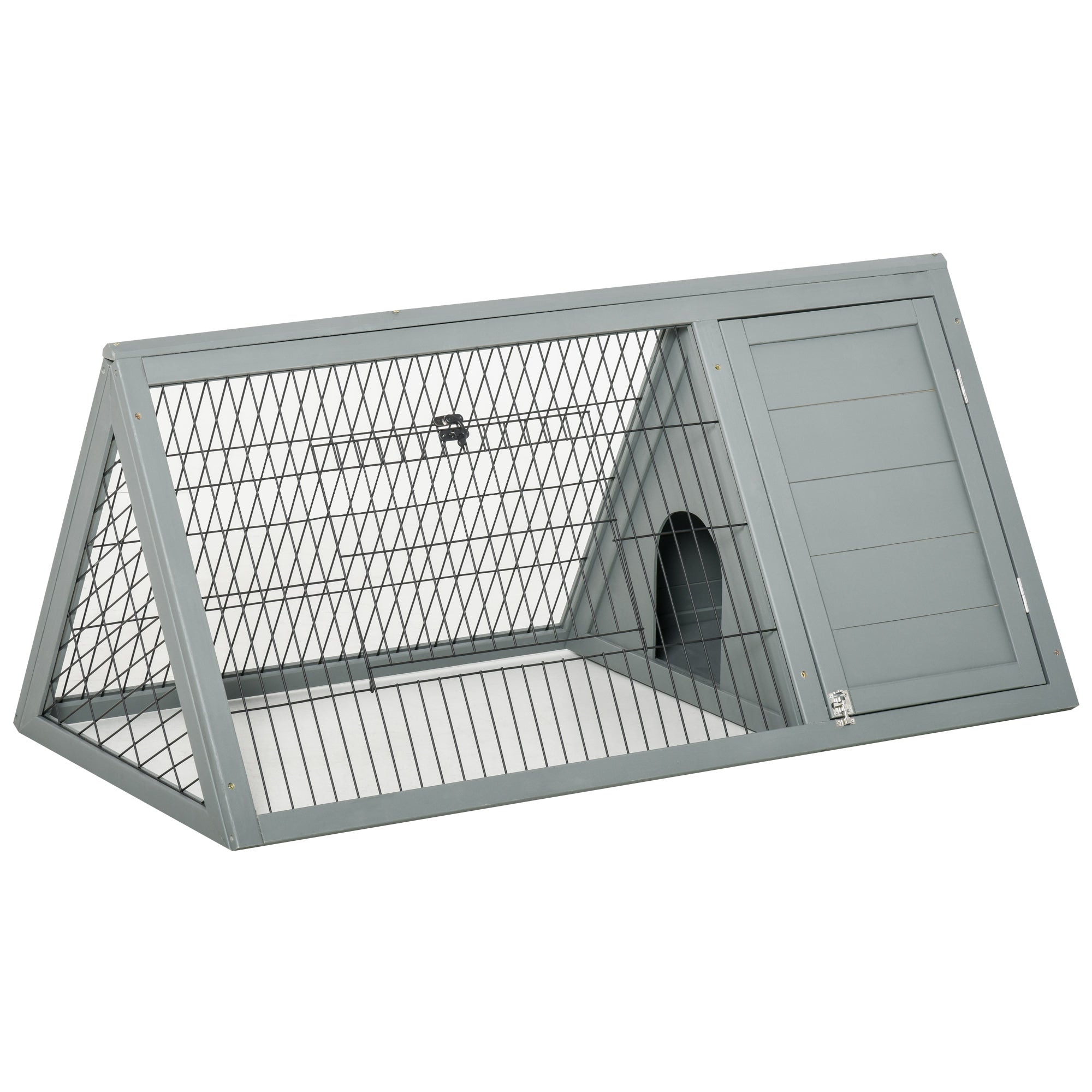 PawHut Driehoekige konijnenhok met buitenverblijf en dubbele deur, geschikt voor konijnen, kippen, en schildpadden, afmetingen 116L x 62.2B x 52.5H cm, massief grenenhout in grijs