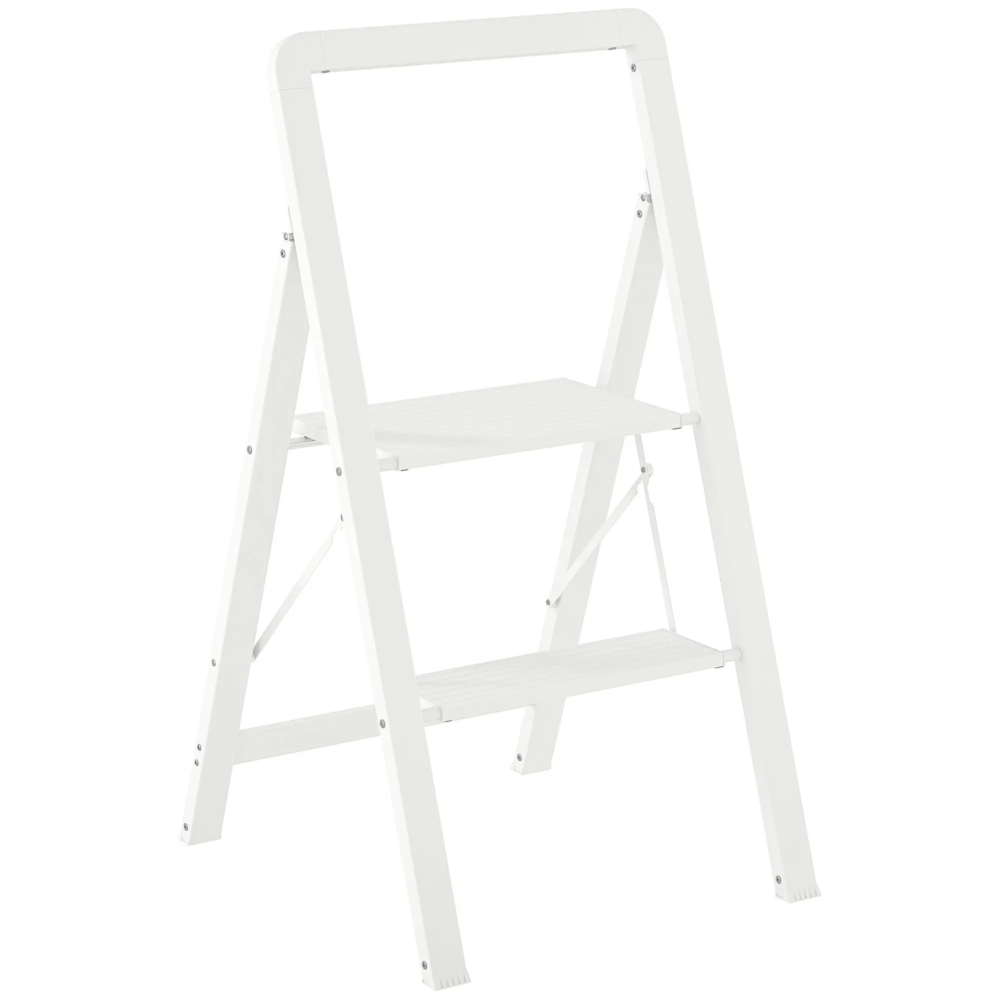 Step Ladder Stand with 2 Steps Anti-Slip Folding Step Stool with Handle up to 150 kg Load Lightweight Aluminum Ladder 41.5 x 49.7 x 82.6 cm White