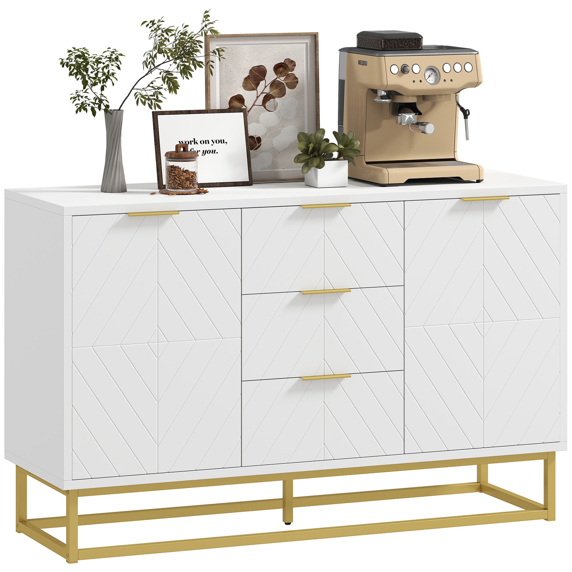 HOMCOM Moderne Sideboard mat 3 Schubladen, 2 Deeg an engem verstellbare Regaler - Sideboard fir Wunnzëmmer a Kichen, Anti-Kipp, 120x40x76 cm Weiss