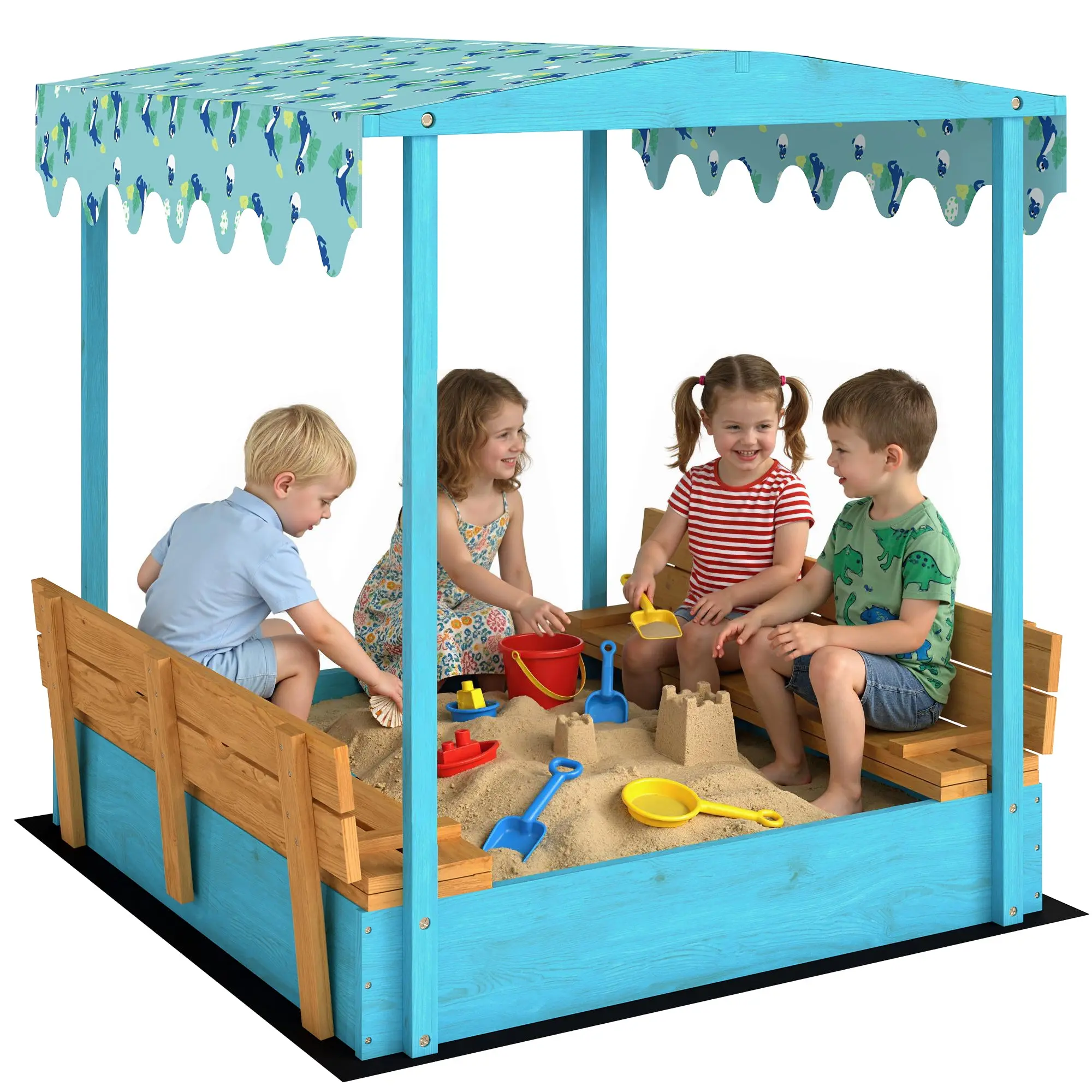 Kids Wooden Sandbox with Dinosaur Canopy, Folding Seats, Cover & Liner Included – Fir Wood, 134.5 x 127.5 x 130 cm (53 x 50 x 51 in), Blue – Ages 3-6