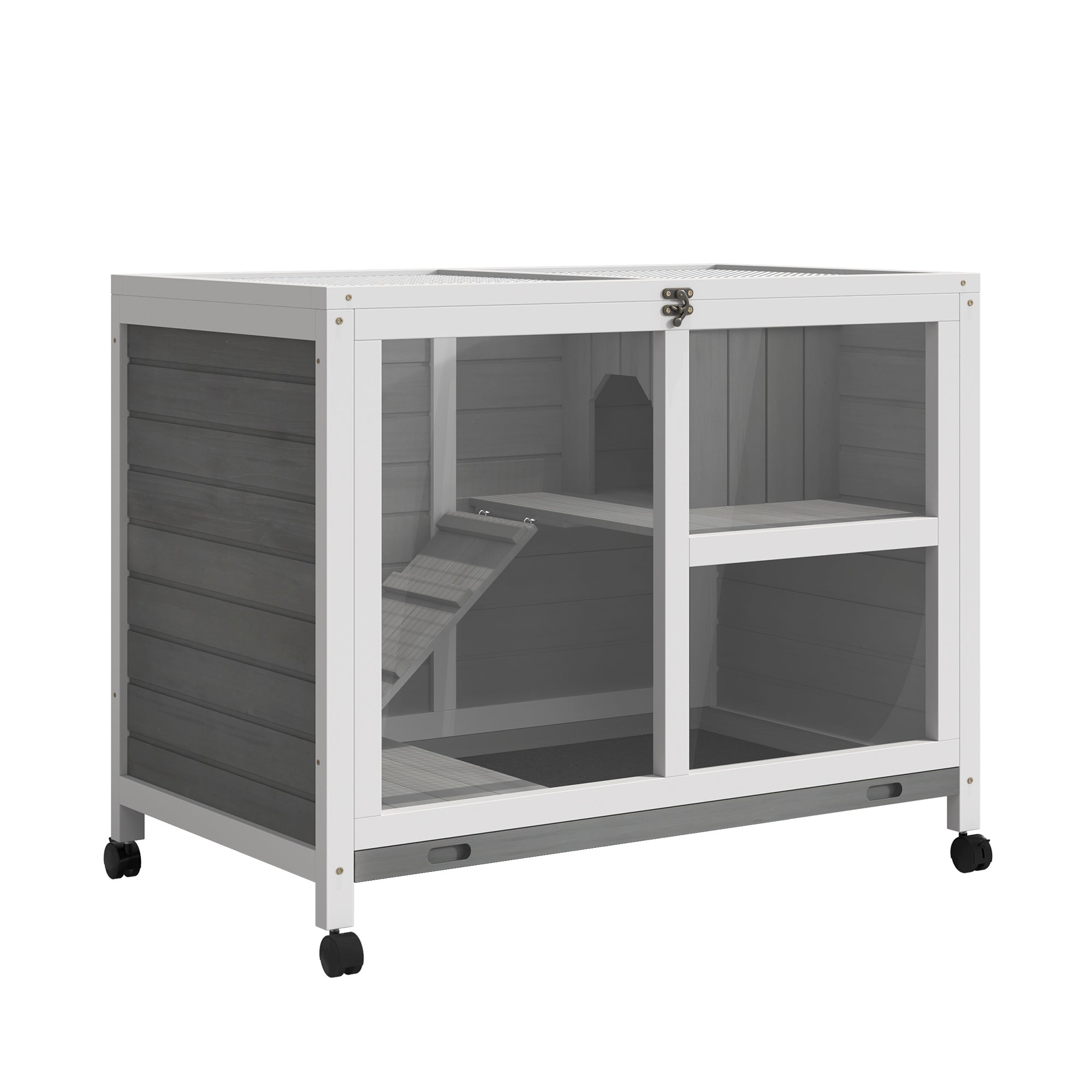 Wooden Rabbit Hutch 2 Levels with Ramp and Hinged Roof Small Animal Cage with Tray and Wheels Winterproof Bunny Hutch Gray 91.5 x 53.3 x 73 cm