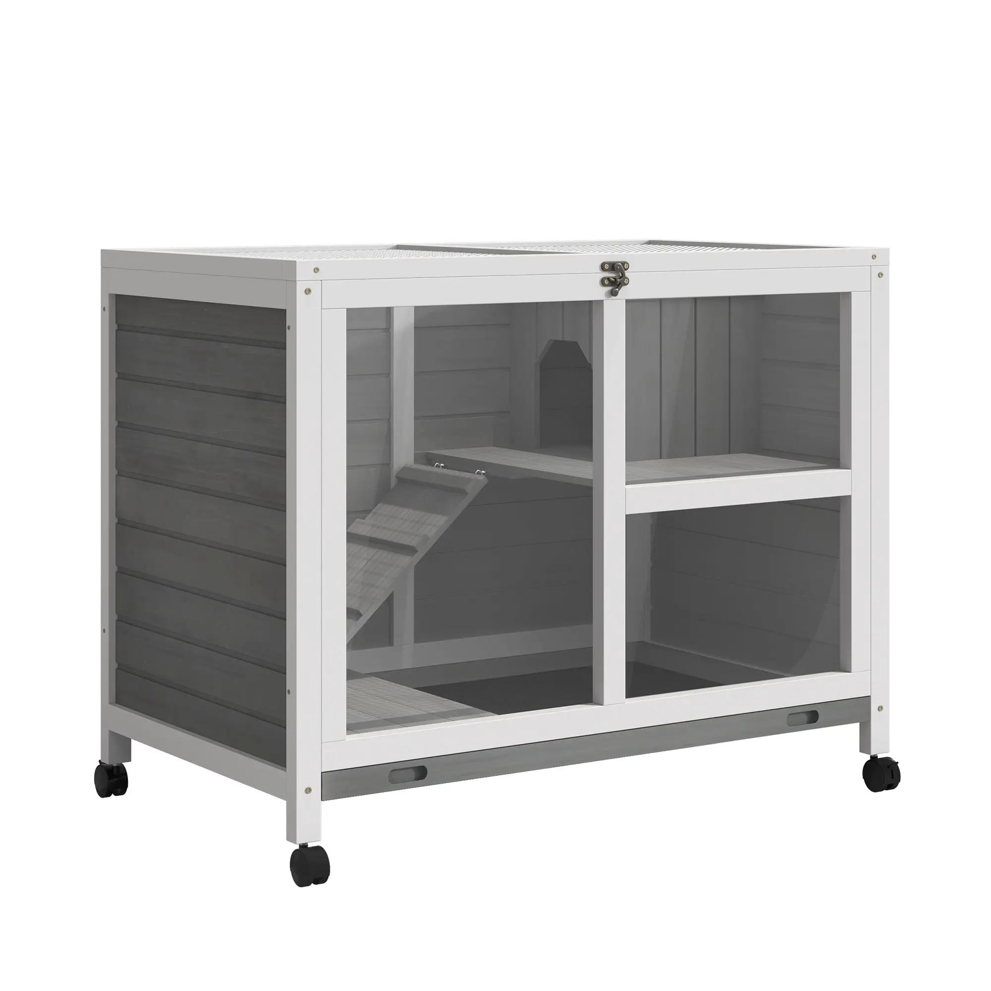 Wooden Rabbit Hutch 2 Levels with Ramp and Hinged Roof Small Animal Cage with Tray and Wheels Winterproof Bunny Hutch Gray 91.5 x 53.3 x 73 cm
