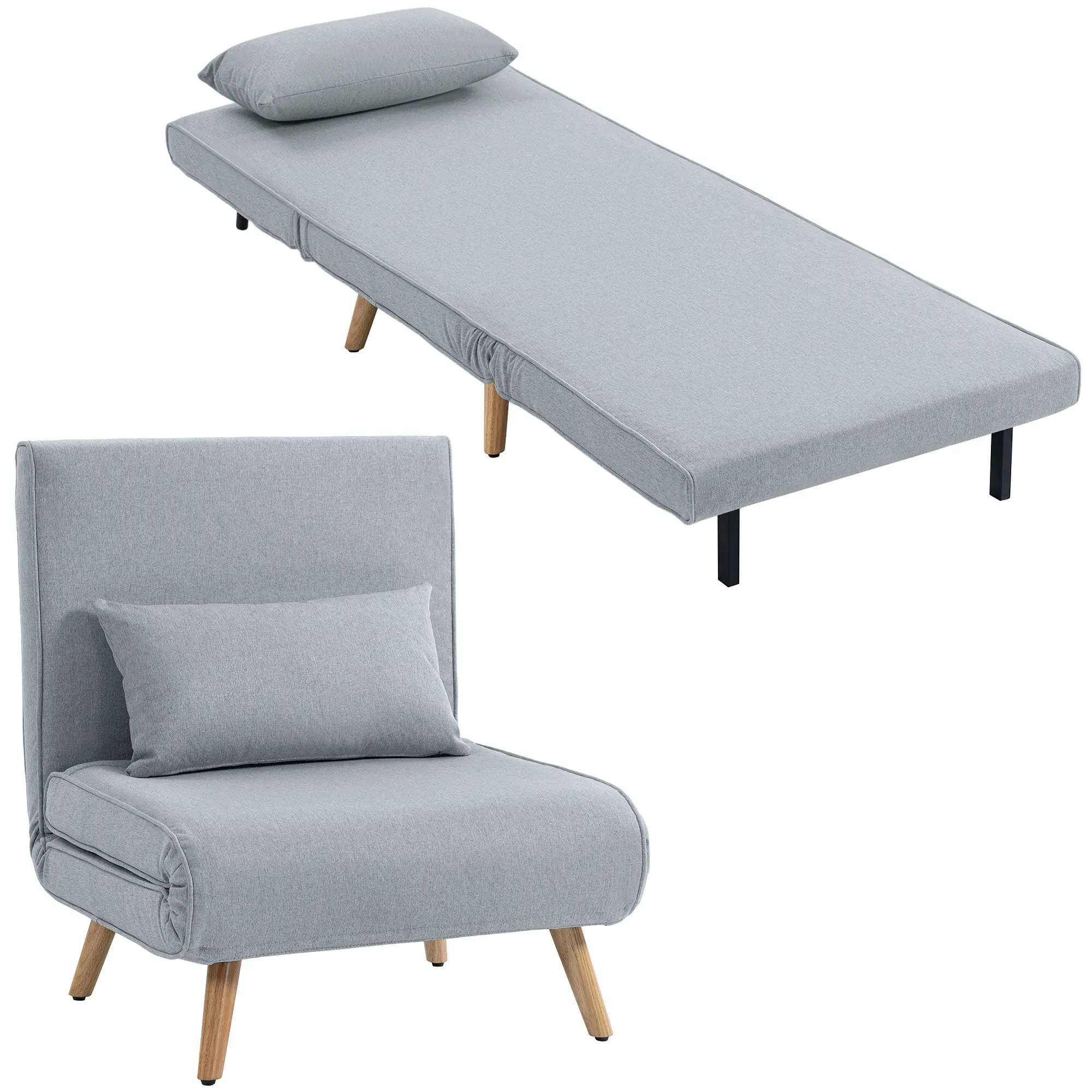 3-in-1 Convertible Single Chair – Recliner, Chaise and Guest Bed with 5-Position Back and Included Pillow, Gray