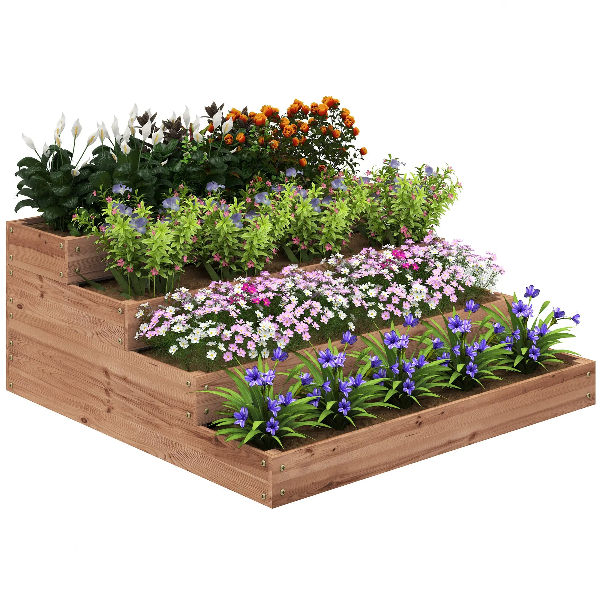 4-Tier Elevated Wooden Planter Large Outdoor Planter with Ladder Design Urban Garden for Growing Plants Flowers for Patio Terrace Balcony 113x113x46 cm Dark Brown