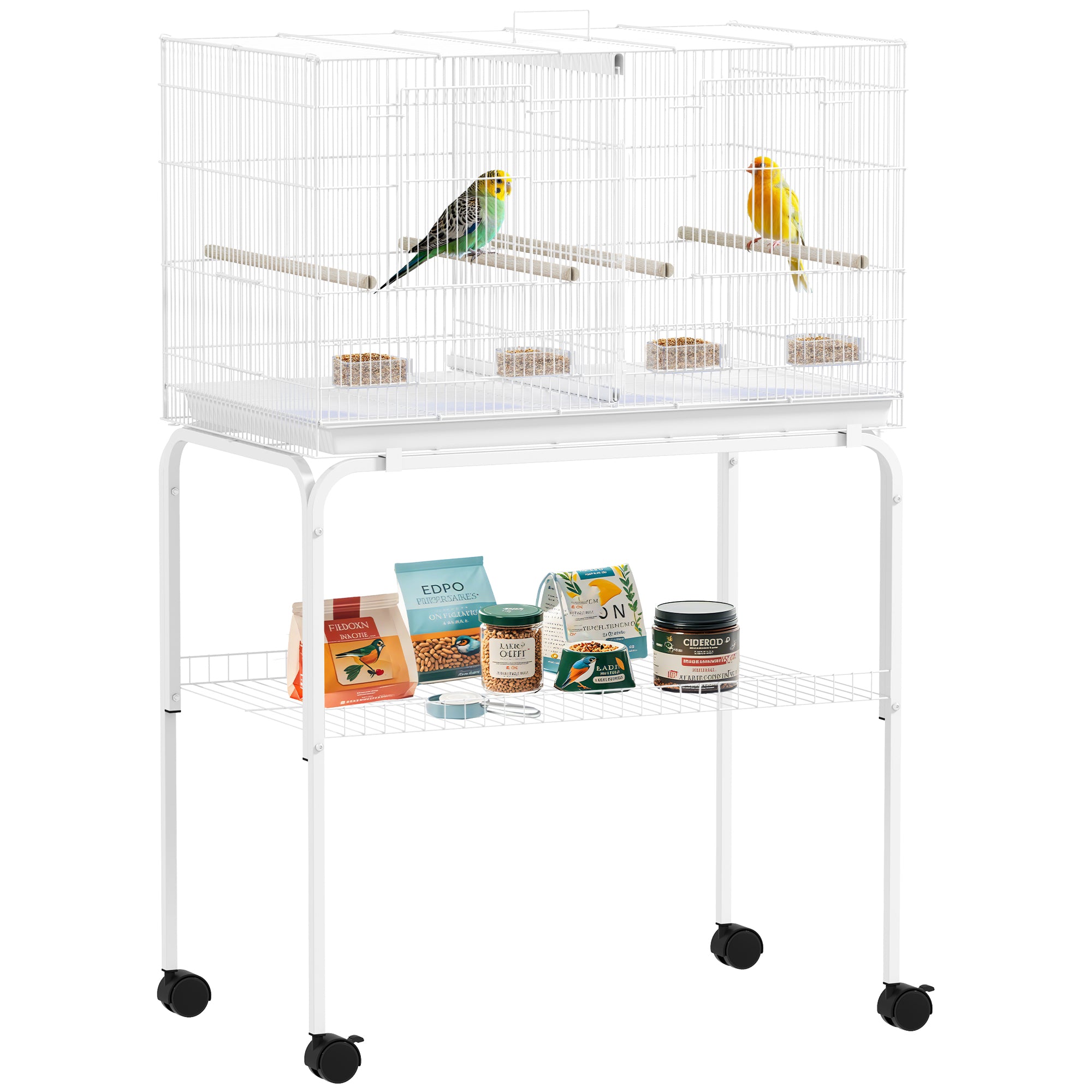 PawHut Vogelkäfig mit Trennwand, Vogelkäfig mit Rollen, 4 Futterstellen, 4 Sitzstangen und herausziehbarem Tablett, Käfig für Papageien, Kanarienvögel, Wellensittiche, 76x46x116 cm, Weiß