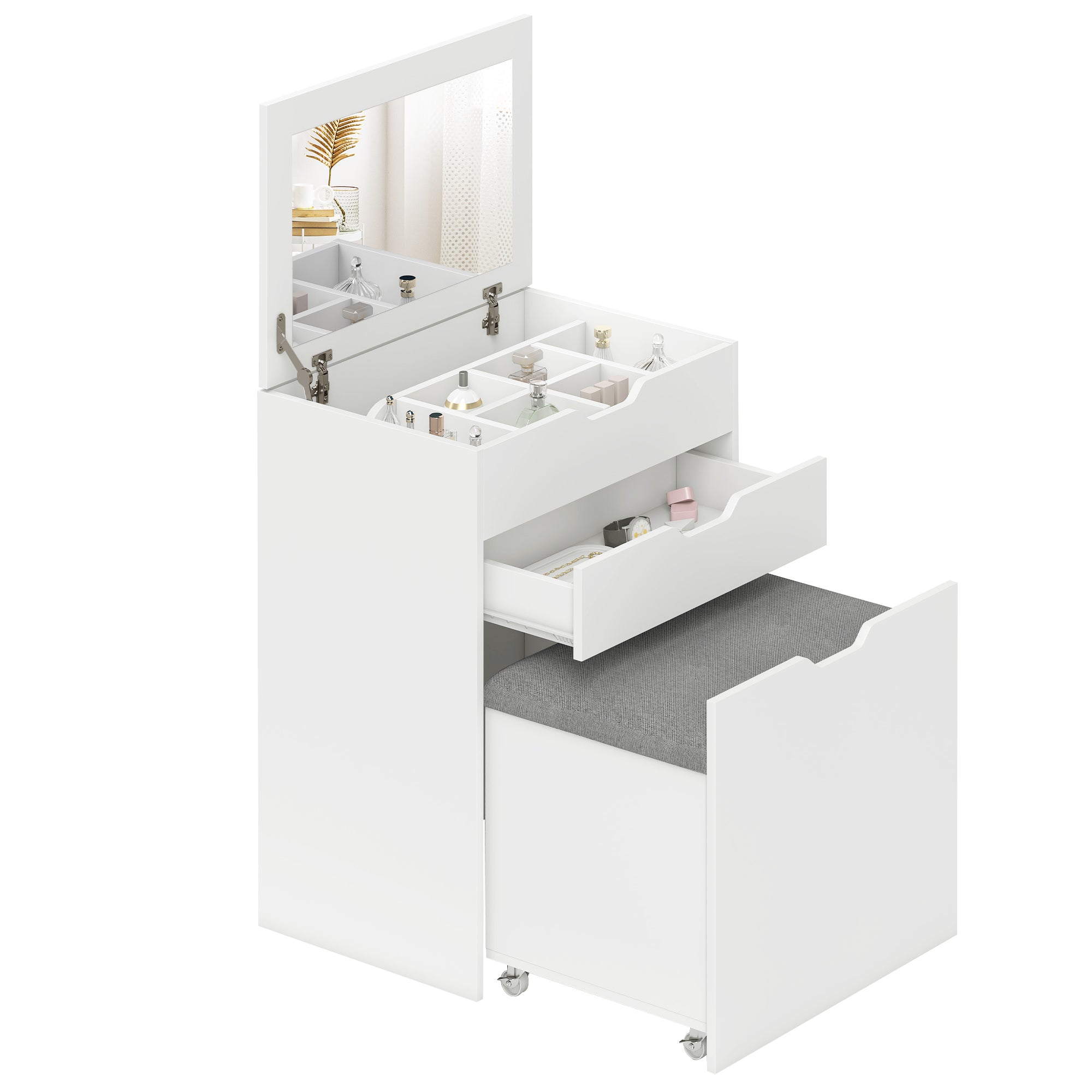 HOMCOM Slaapkamer Make-uptafel met Spiegel en Bijpassende Kruk, Make-up Tafel met Verborgen Compartment en Houten Lade, Wit