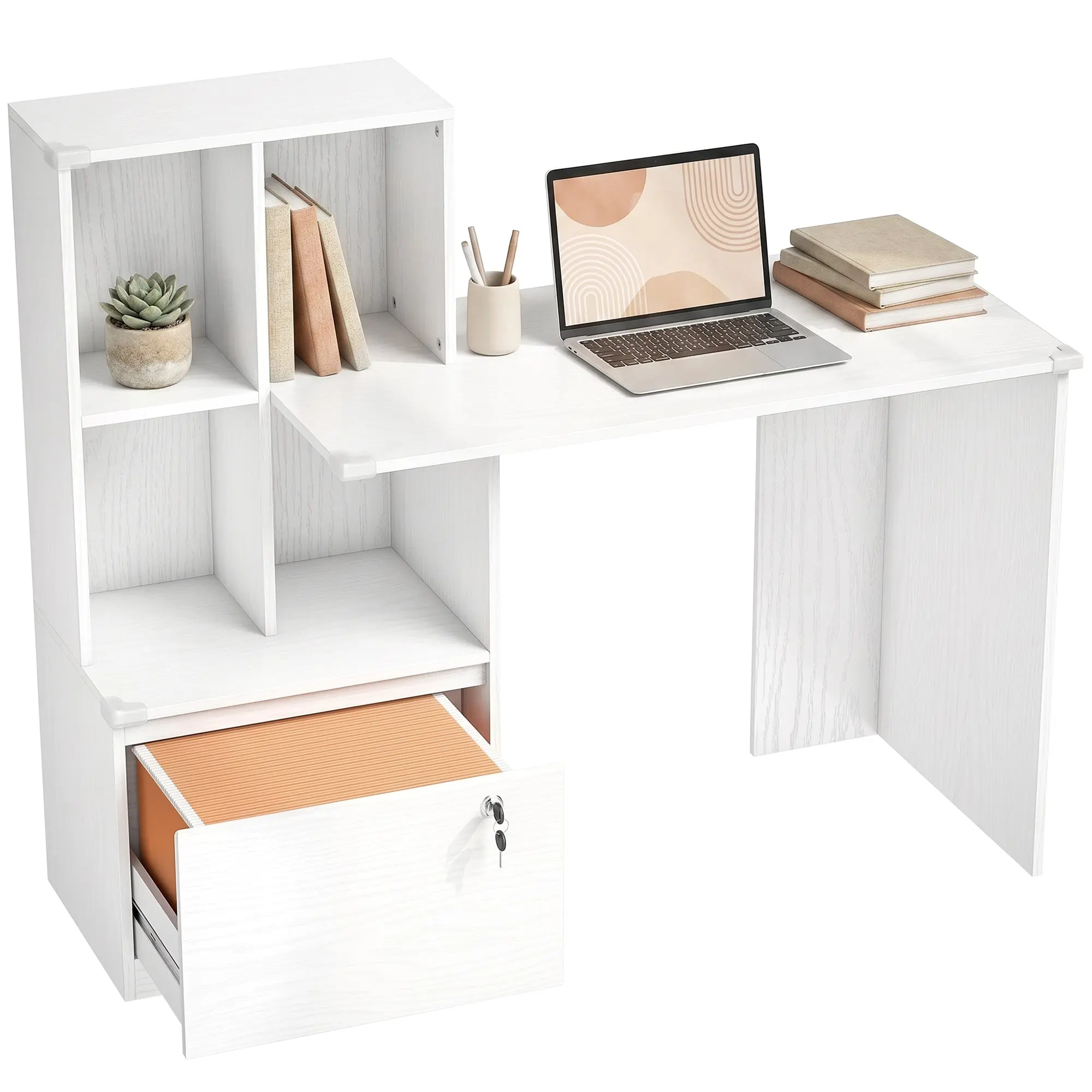 Computer Desk with 4-Compartment Bookshelf and Lockable File Drawer, Anti-Collision Pads, Home Study Desk, 49.6 x 19.7 x 42.9 in (White Woodgrain)