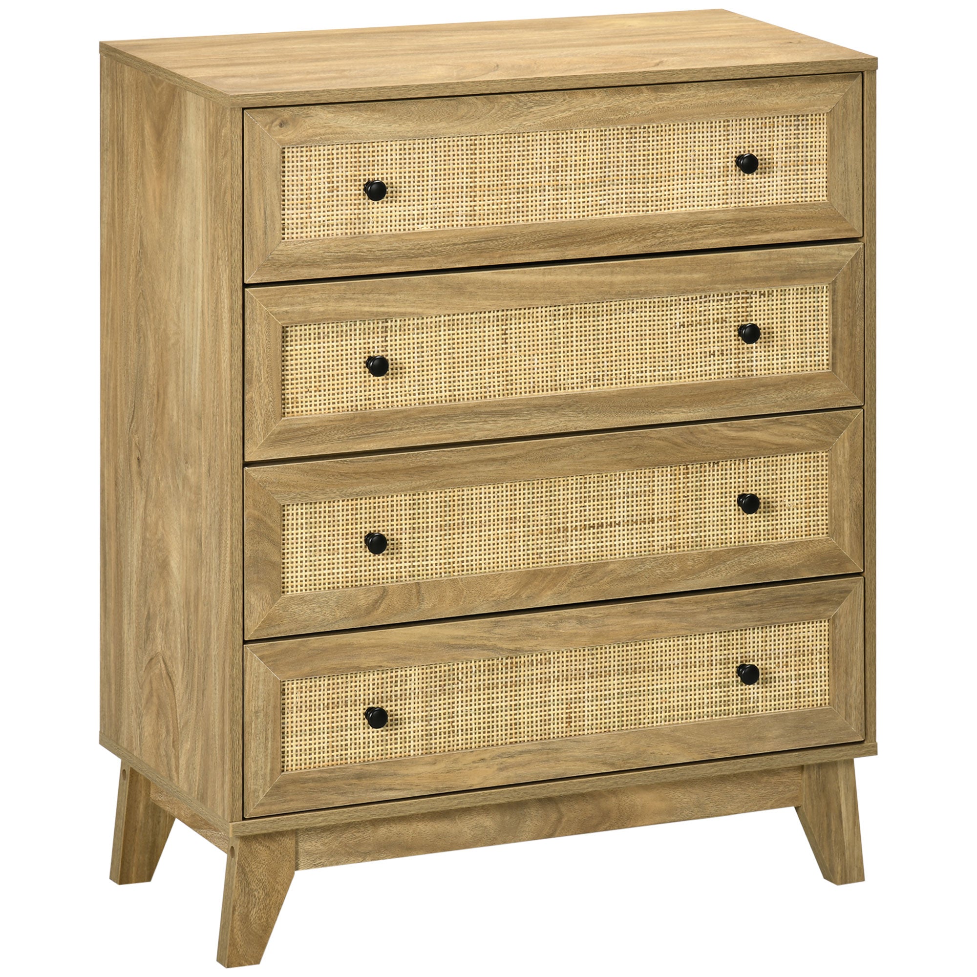 HOMCOM Úzká komoda se 4 zásuvkami a rattanovými předními deskami a zvýšenými nohami - 80x35x95 cm