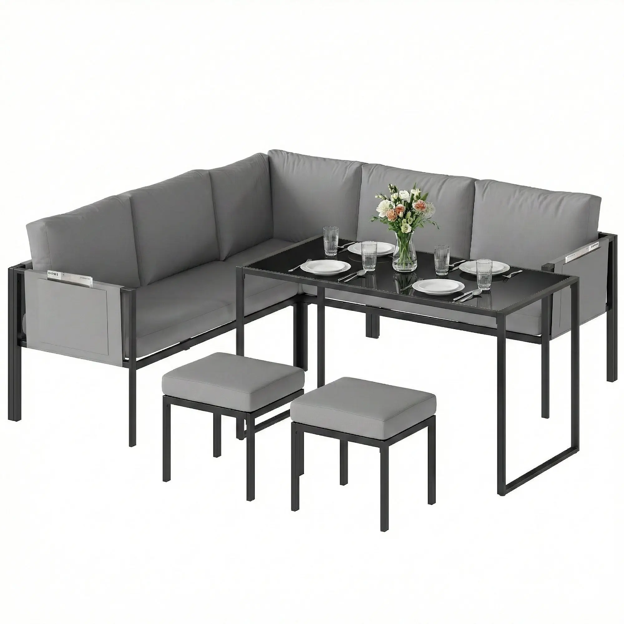 6-Piece Outdoor Corner Sofa Set – L-Shaped Patio Furniture with 4" Cushions, Tall Glass Table & 2 Ottomans – Seats 7, Steel & Textilene, Gray