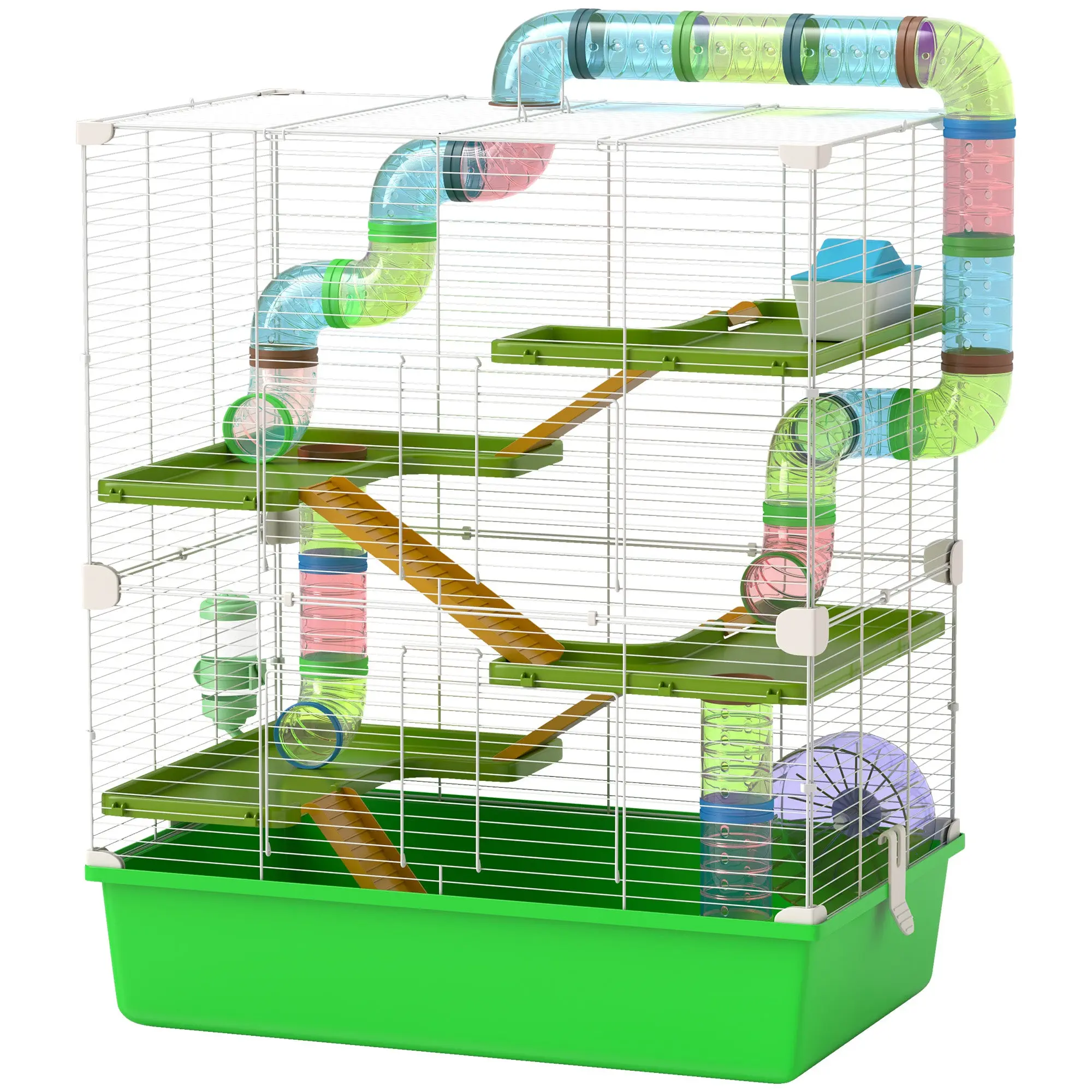 Large hamster cage rodent cage 5 levels with tunnels, water bottle, wheel, house, ladders, dim. 59L x 36W x 69H cm