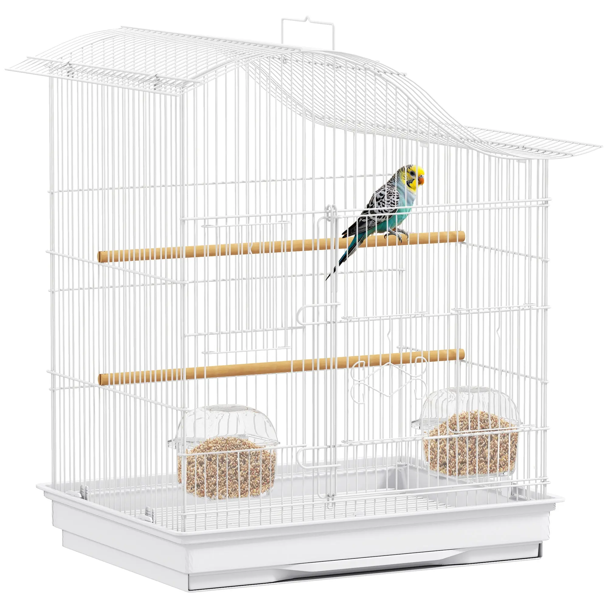 Bird Cage with 4 Doors, White Bird Aviary with 2 Perches and Feeding Cups, Small Bird Cage for Lovebirds, Parakeets and Finches 47.5x36x54.5 cm, White