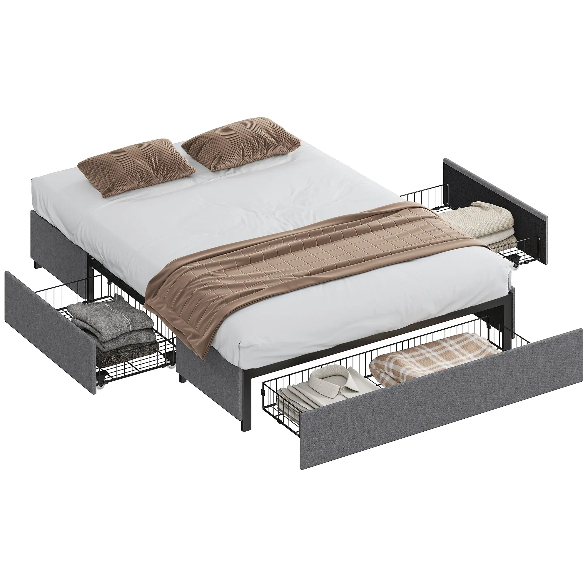 Double Bed Frame 55 x 75 in with 3 Storage Drawers, Metal Frame, Gray