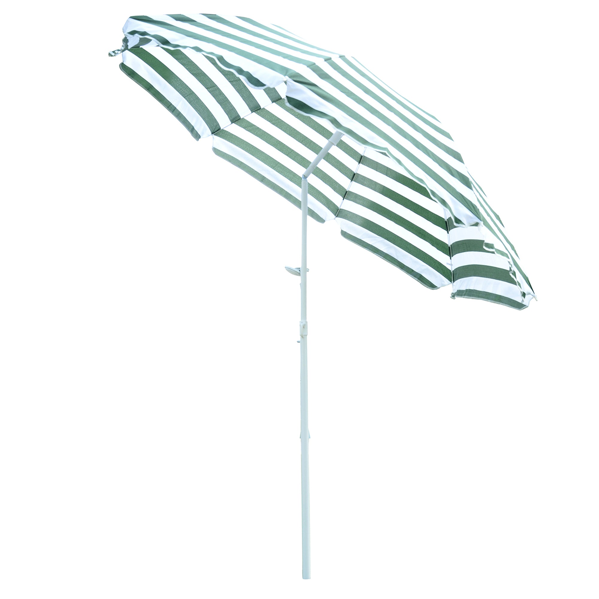 Beach Umbrella ?180 cm with Tilted Roof and Metal Pole Sun Protection for Garden Terrace Exterior Green and White Stripes