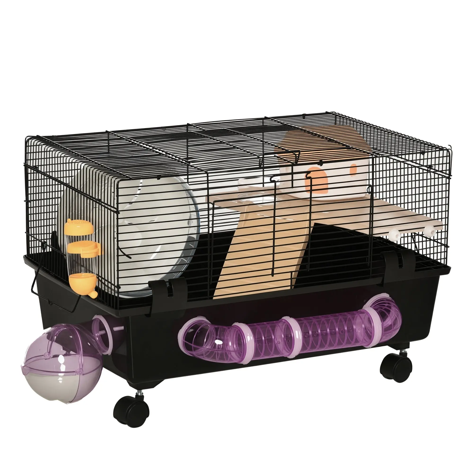 Multilevel Hamster Cage with House, Feeder, Water Bottle, Tunnel, and Wheel, Cage for Small Rodents with 4 Wheels