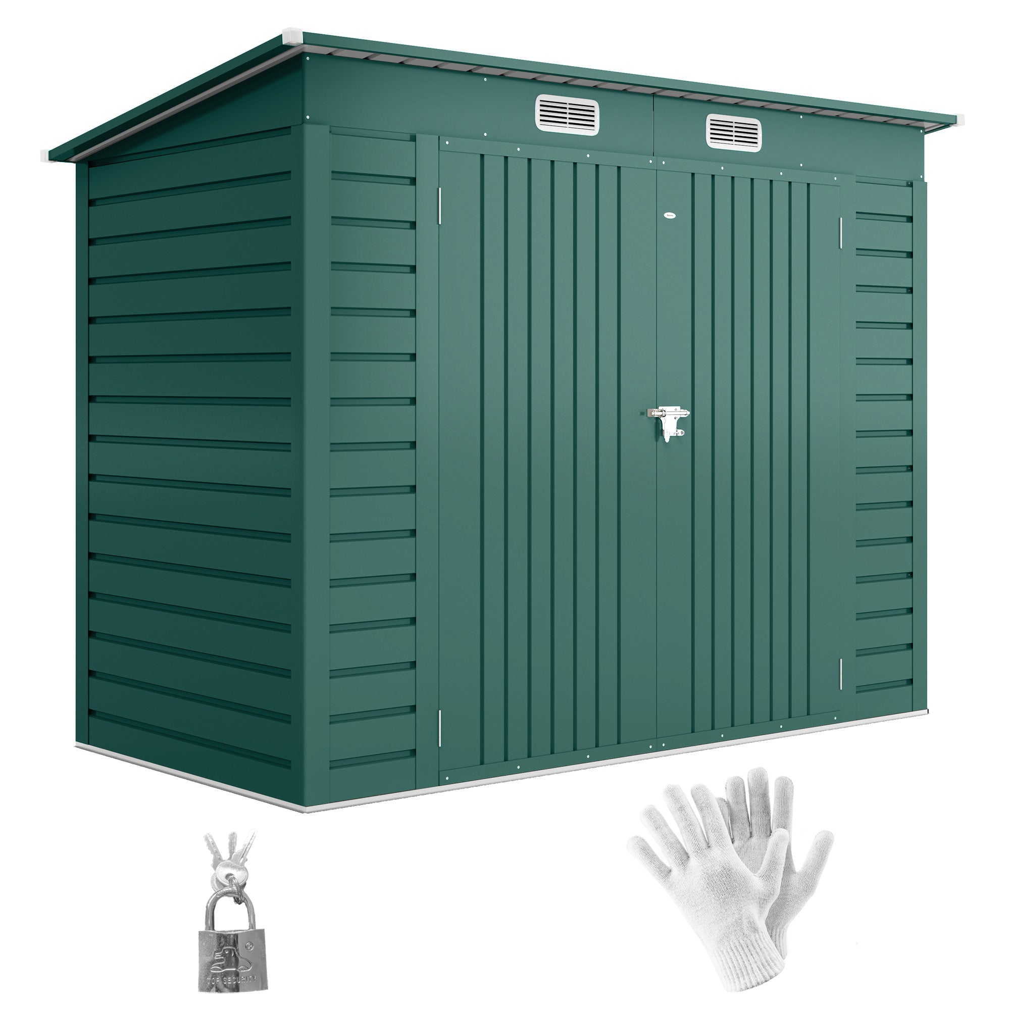 Metal Tool Shed 4.1 m? 249x121x183cm Shed with Pent Roof Lockable Double Door Window Garden House Outdoor Garden Shed Cabinet for Backyard Green