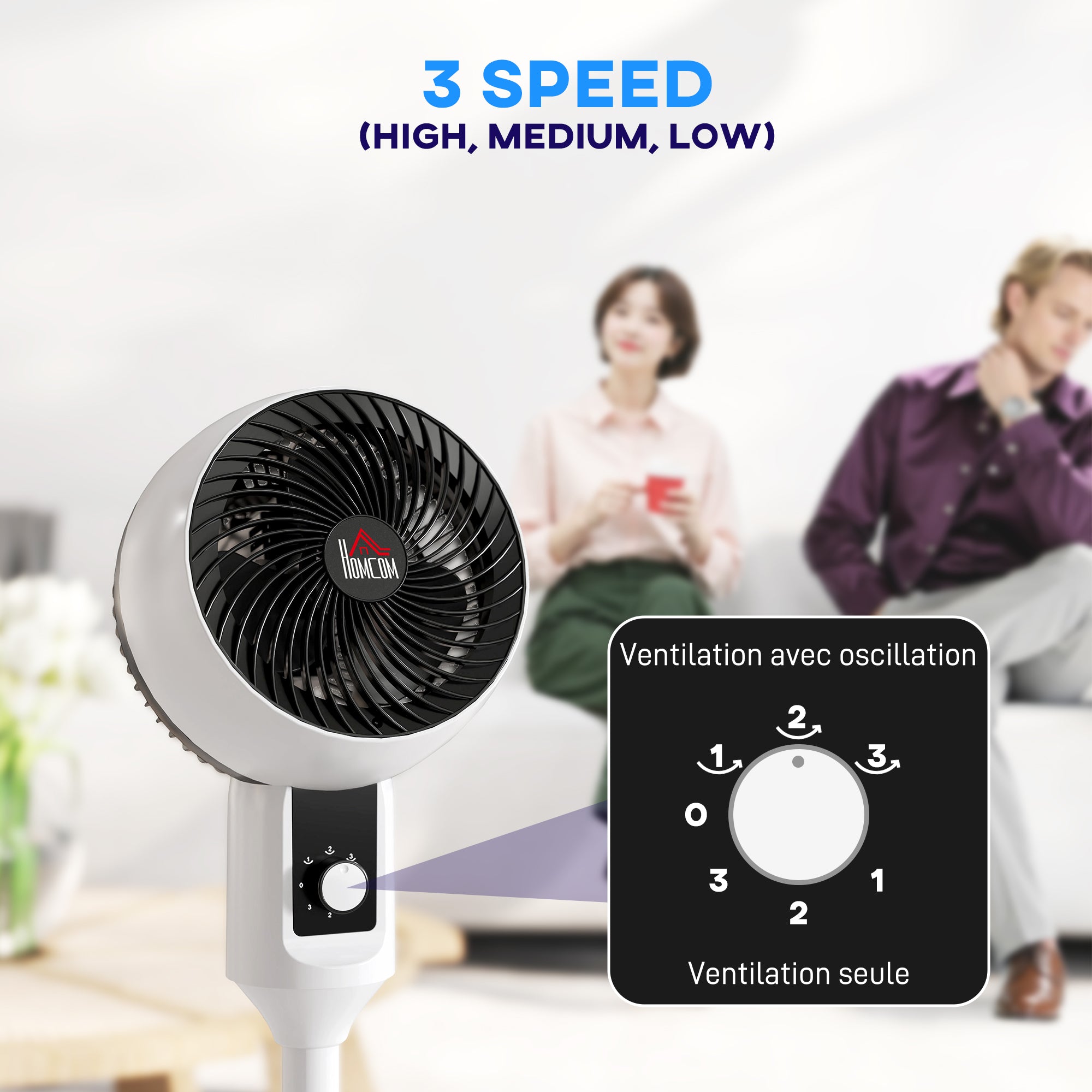 HOMCOM 45W Standventilator Luftzirkulator 3 Geschwindigkeiten, einstellbare 70° Oszillation, tragbarer und leichter Ventilator für Schlafzimmer, Zuhause oder Büro, Schwarz und Weiß
