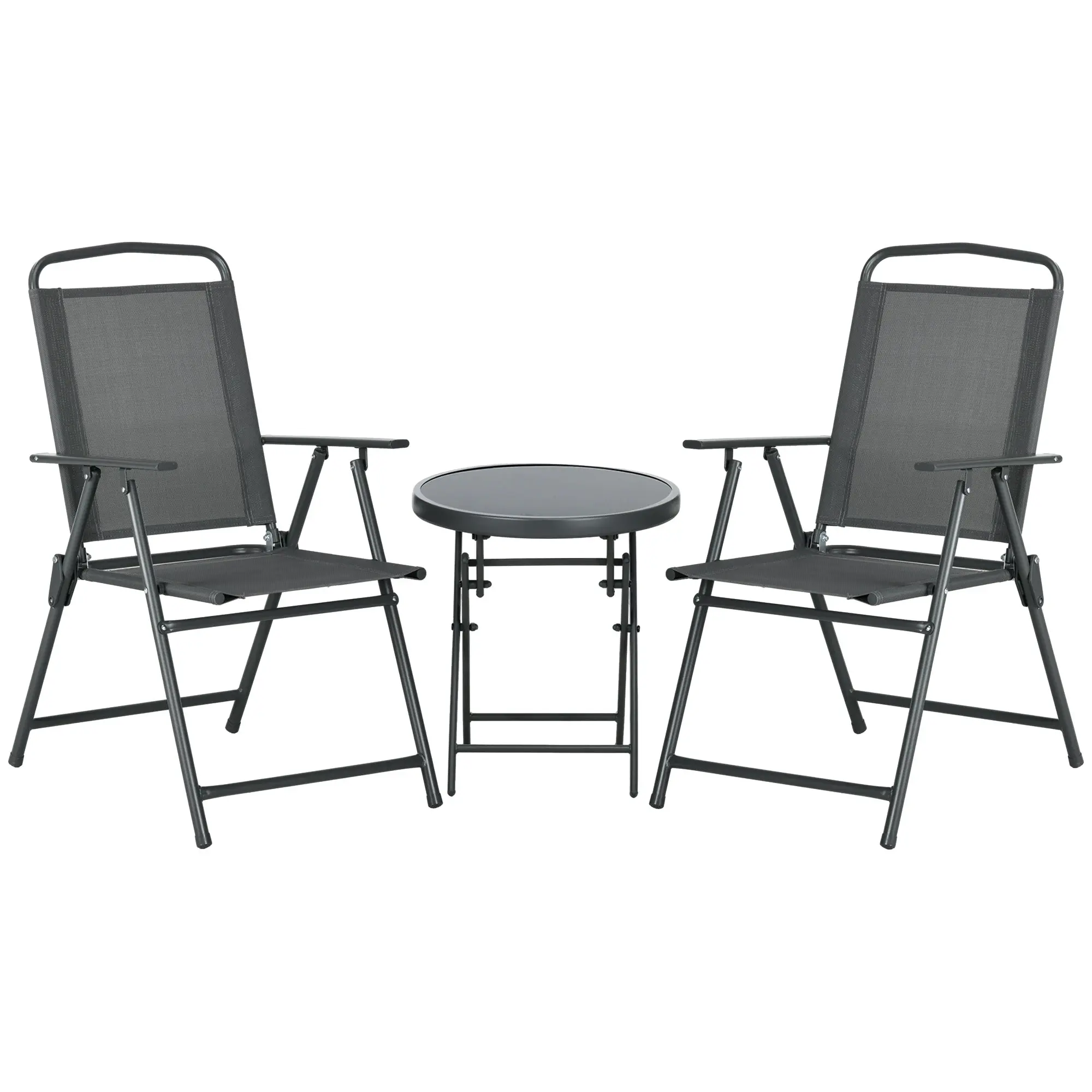 3-Piece Bistro Set Made of Metal Weatherproof Garden Furniture Set with Foldable Glass Table Garden Chairs Outdoor Balcony Furniture Set Seating Group Balcony Set Garden Dining Set Dark Gray