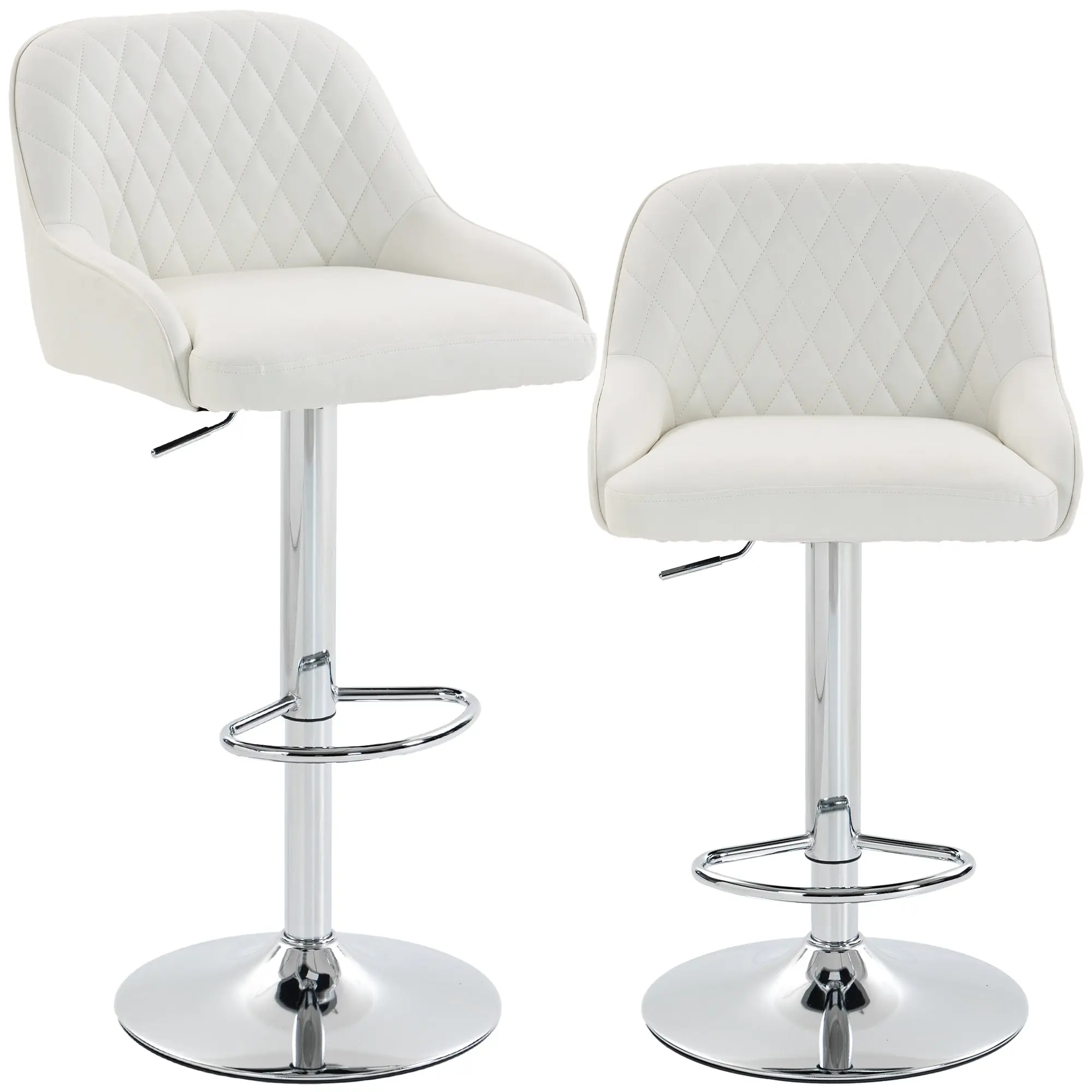 Set of 2 PU Bar Stools, Height-Adjustable, 360° Swivel, Wide Padded Seat with Backrest and Footrest, Metal Base, Kitchen Island Bar Stools, White