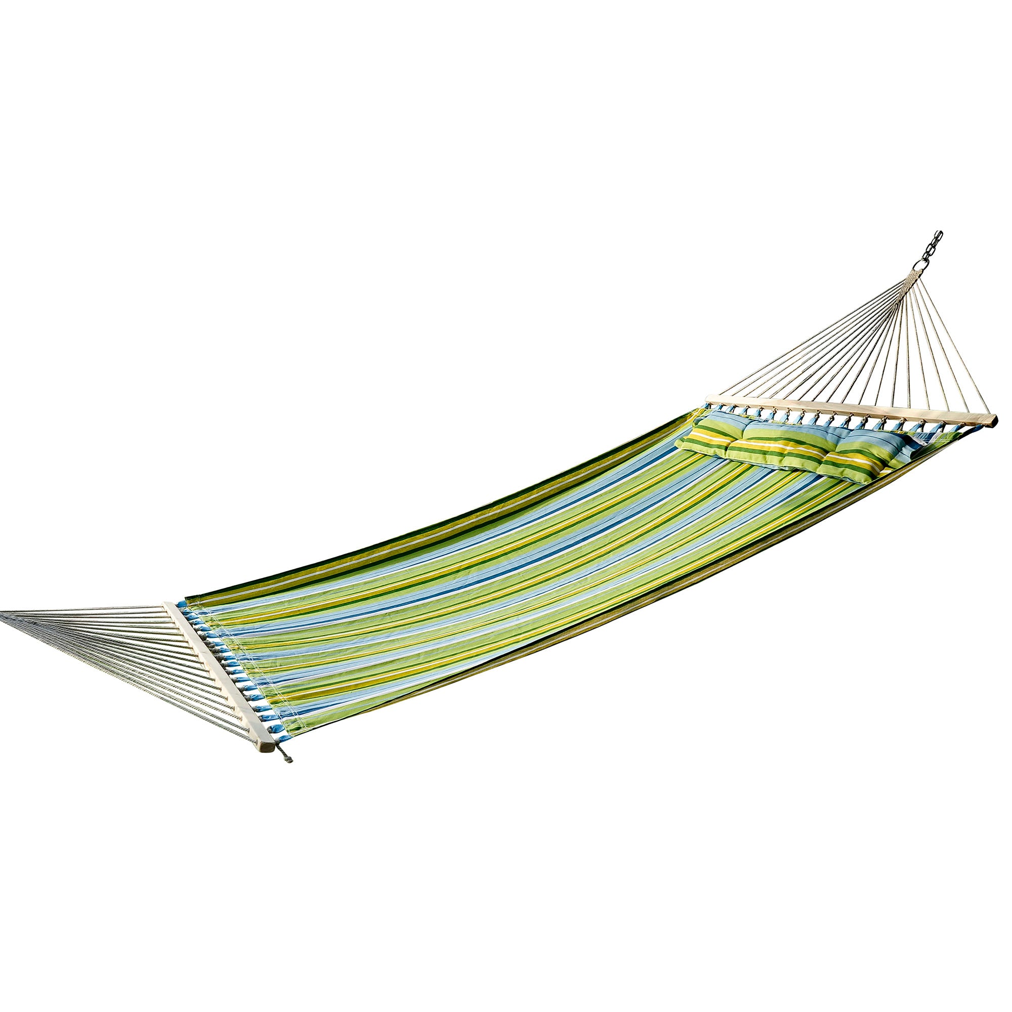 Outsunny Hängande Hammock för 2 Personer Ekologisk Camping Hammock med Kudde 180 kg Last Blå och Gröna Ränder 3.4x1.4m