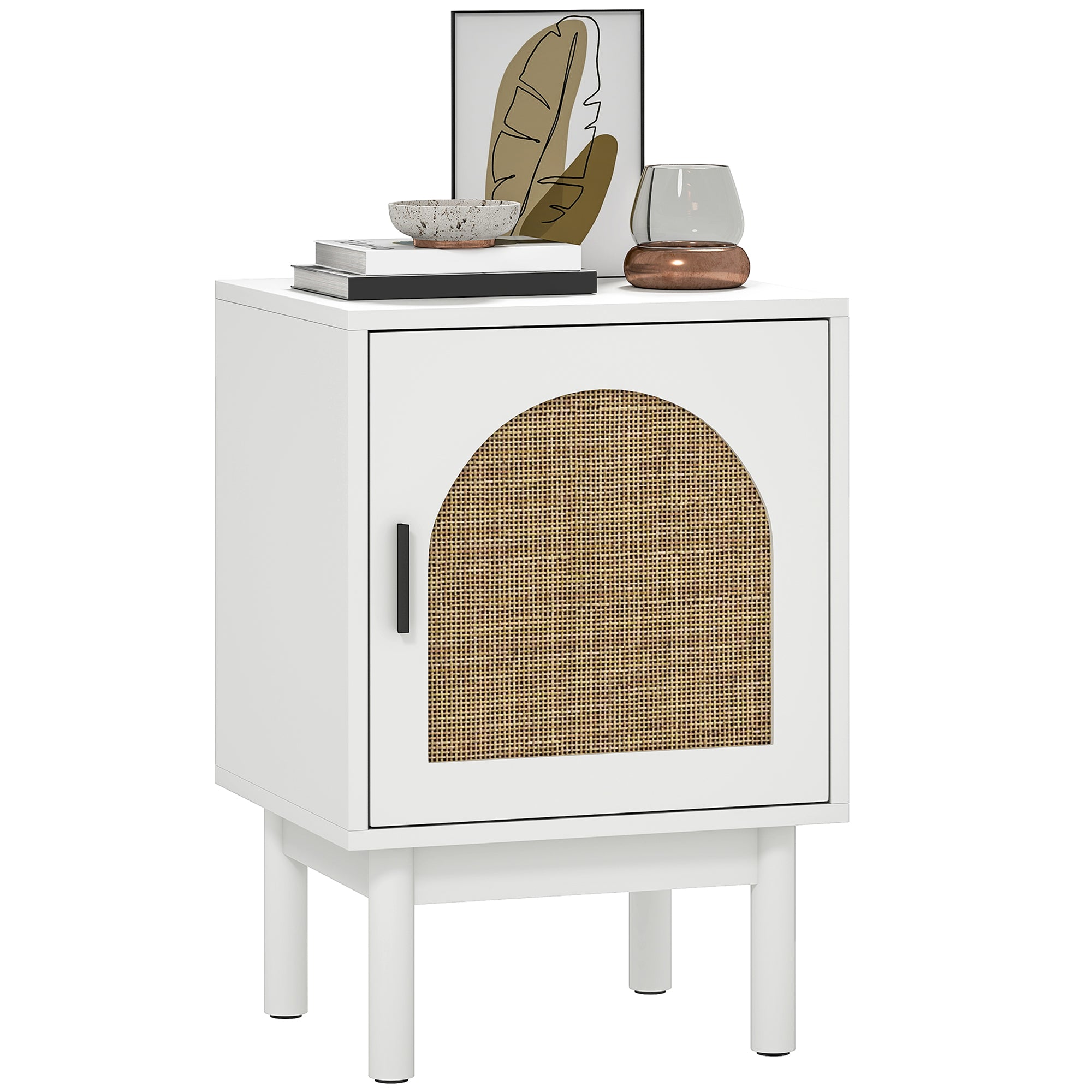 HOMCOM Öökapike Rattan Uksega, reguleeritava riiuliga ja puidust jalgadega Boheemlaslik stiil elutuppa ja magamistuppa 40x35x58 cm Valge