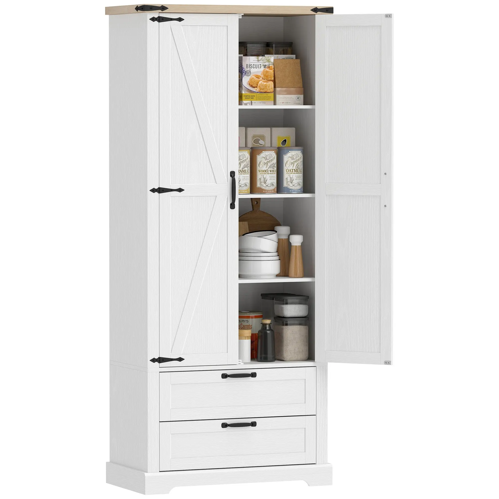 Tall Kitchen Cabinet, Kitchen Cupboard, Hutch with 2 Doors, 2 Silent Drawers and Adjustable Shelves, Rustic Storage for Living Room and Dining Room, 76 x 40 x 180 cm (29.9 x 15.7 x 70.9 in), White