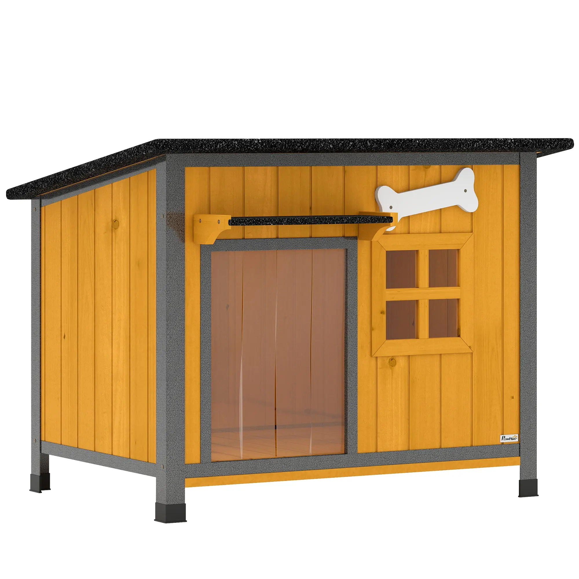 Anti-Bite Steel & Fir Wood Outdoor Dog House, Elevated Kennel with Hinged Sloped Waterproof Roof, Removable Floor, Door Curtain & Awning, 33.3 x 24.4 x 25.6 in