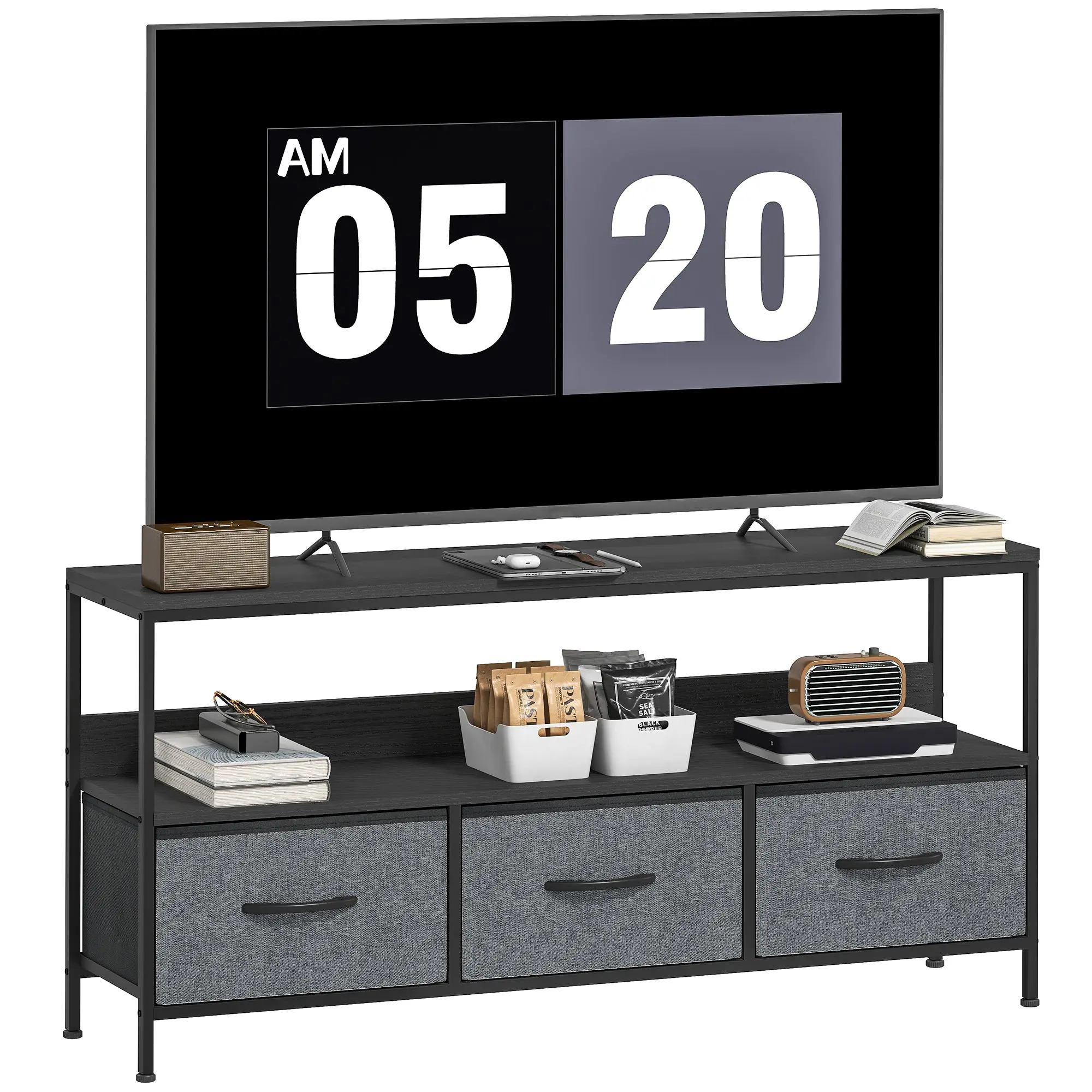 TV Stand for TVs up to 55" with 3 Foldable Fabric Drawers and Shelf, TV Cabinet for Living Room and Bedroom, 47.2 x 11.4 x 22 in (120 x 29 x 56 cm), Black
