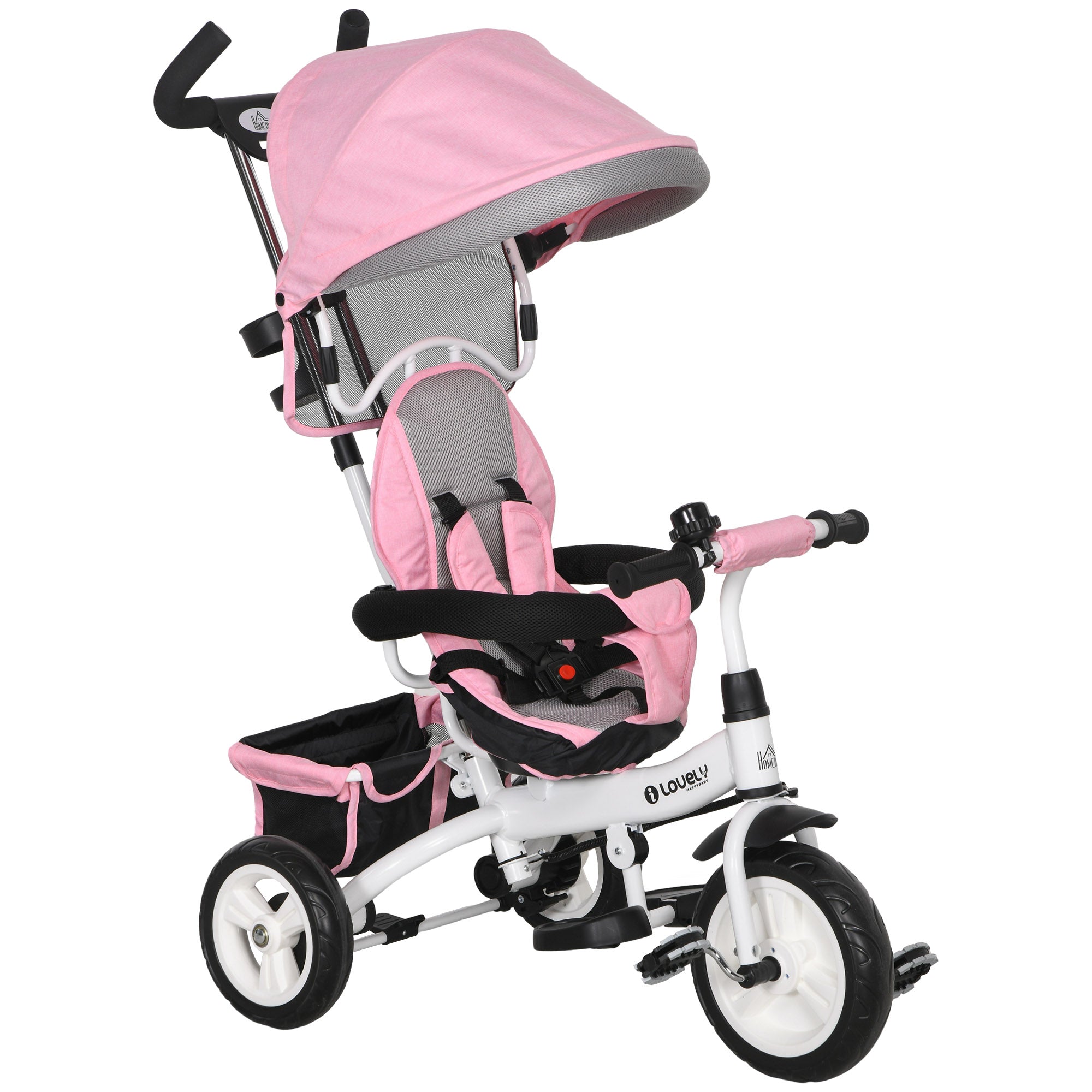 HOMCOM 6v1 Tříkolka s Ovládací Rukojetí, Dětská Tříkolka s Odnímatelnou Sluneční Bublinou, Balance Bike s 5-bodovým Bezpečnostním Páskem, Košík, Držák na Nápoje, pro Děti 1-5 Let, Růžová