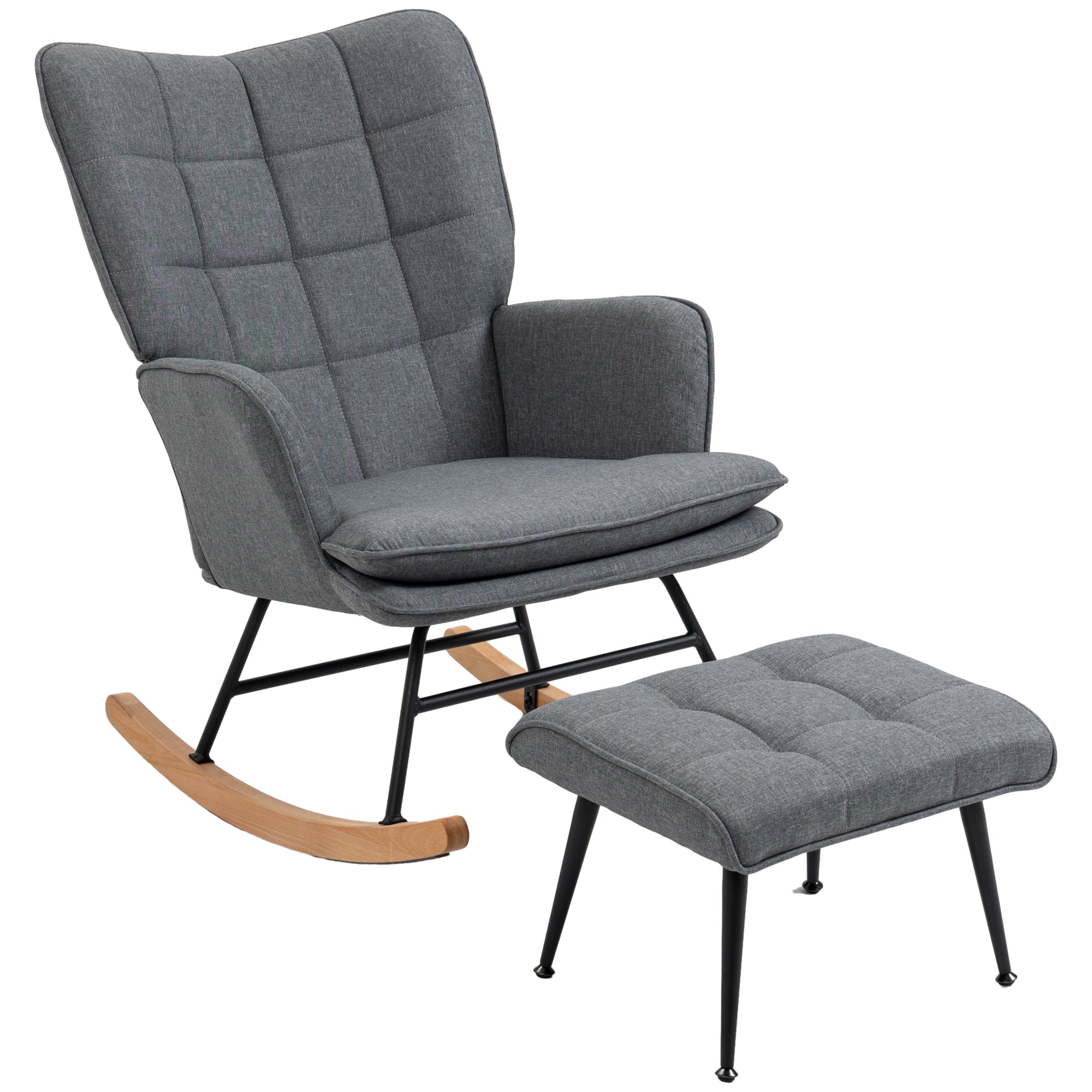 Linen-Style Rocking Armchair with Ottoman — Upholstered Rocker, 287 lb Capacity, Gray