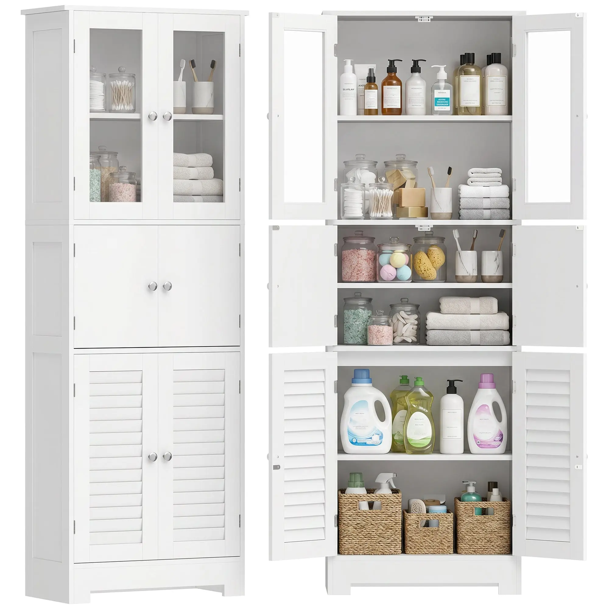 Tall Bathroom Storage Cabinet, 6 Doors (2 Glass, 2 Louvered), Adjustable Shelf – Modern White, 23.6 x 11.8 x 67.1 in