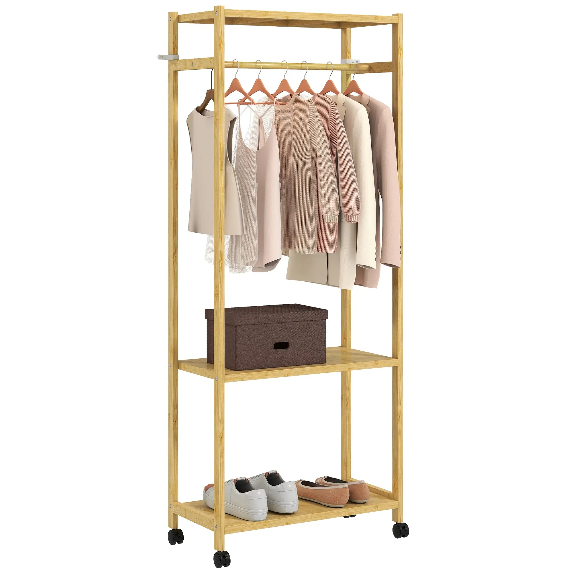 Bamboo Garment Rack on Wheels with 2 Storage Shelves & Hanging Rod, Clothing Rack for Bedroom & Laundry, 27.6 x 13.8 x 68.9 in, Natural Wood