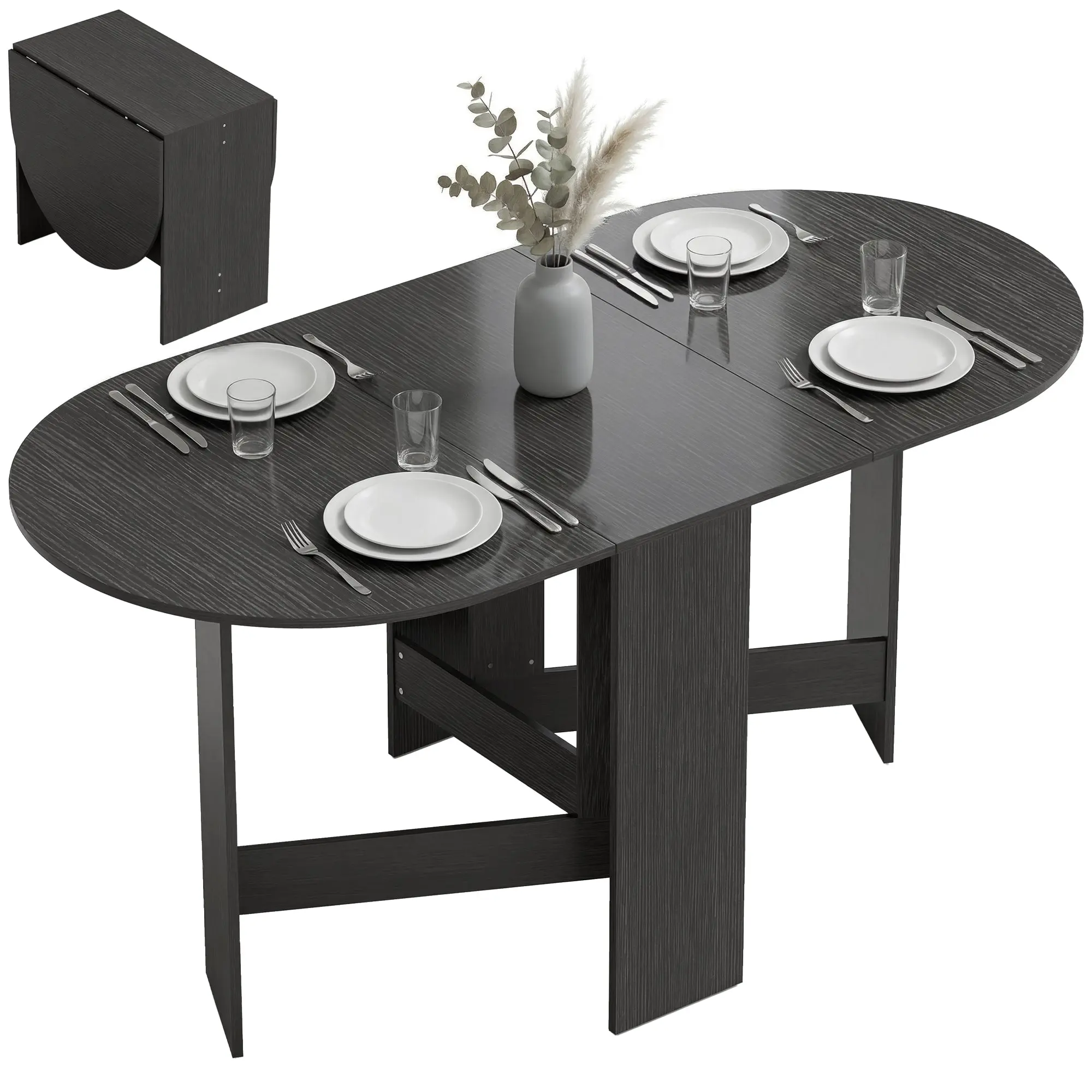 Folding Oval Dining Table with Drop Leaves, Seats up to 6 — 64.2 x 31.5 x 29.5 in, Black