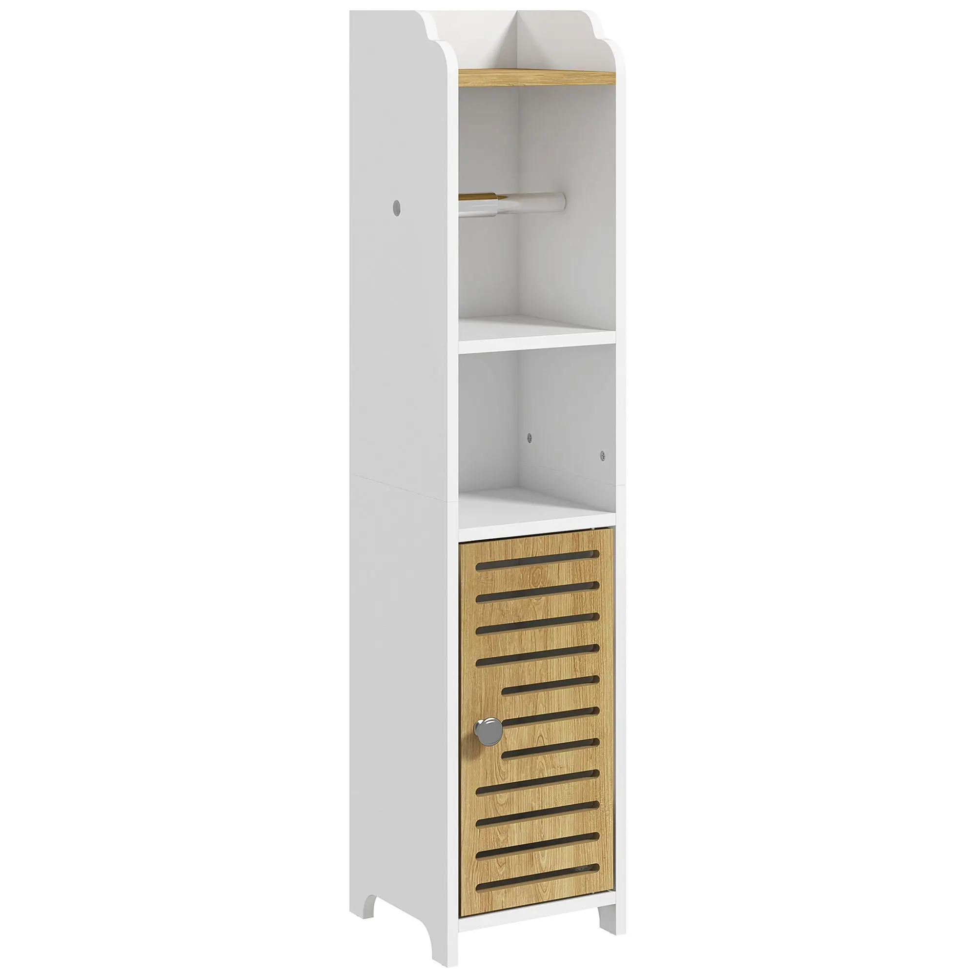 Modern Bathroom Cabinet Auxiliary Column Bathroom Floor Cabinet with Shelves 1 Door and Toilet Paper Holder for Bedroom Living Room 18x20x90 cm White and Oak